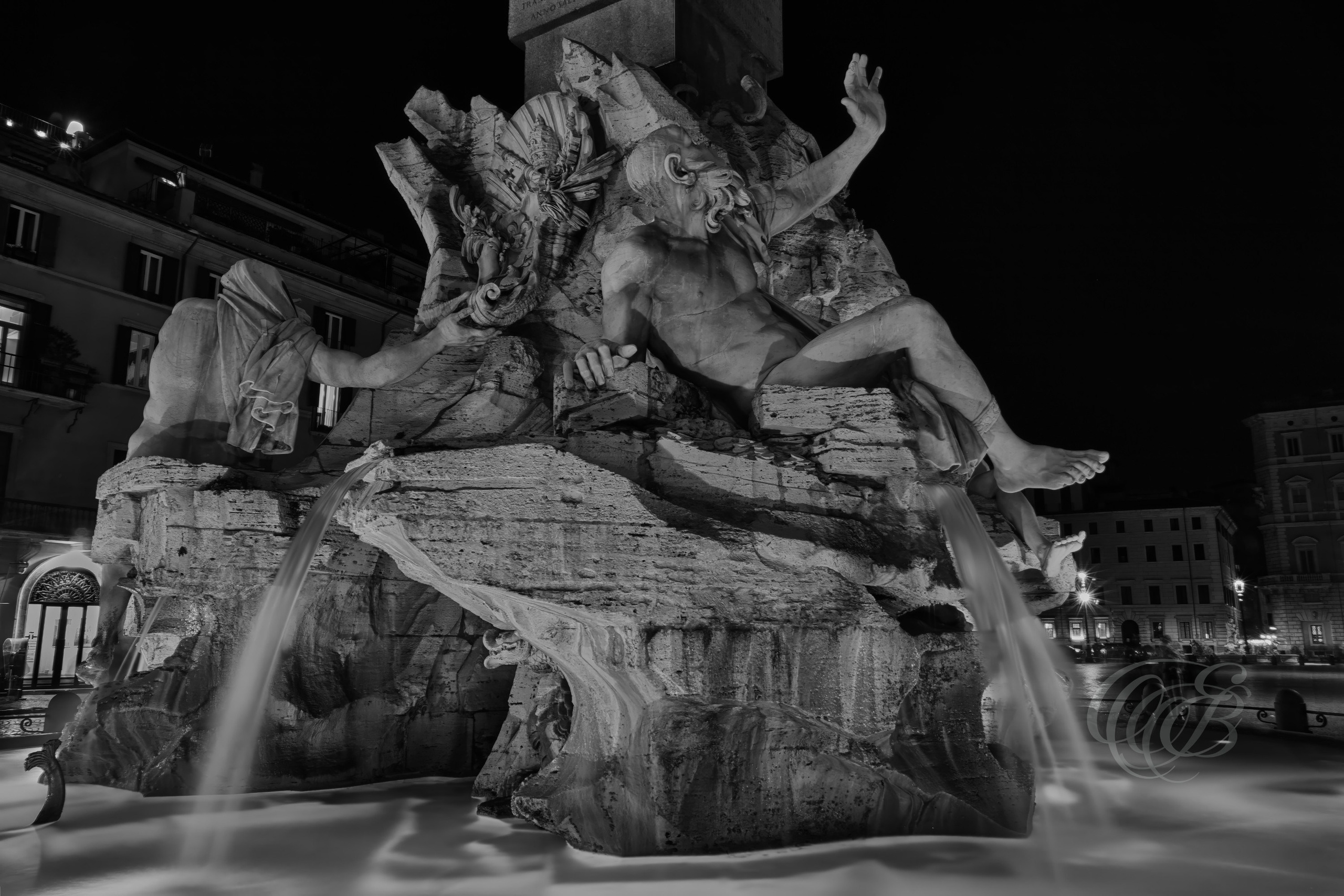 Italy - Rome - Fontana dei Quattro Fiumi in black and white, central Baroque fountain with sculptural river gods and obelisk, photography of Italy, Eduardo Bartoli Photography