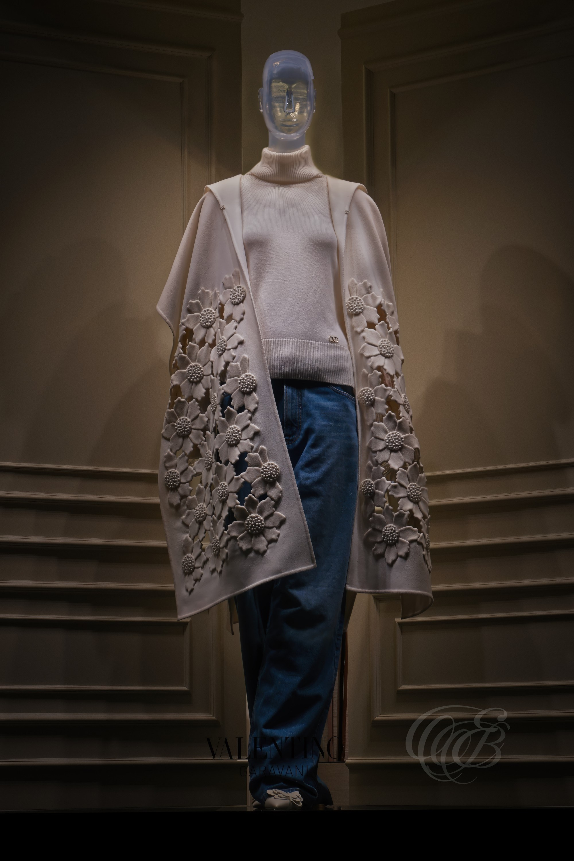 ITALY – ROME – Valentino window display in the Tridente district, mannequin with curated lighting and post-production emphasis on garment details and atmosphere, from Valentino boutique shop in Rome, photography of Italy, Eduardo Bartoli Photography