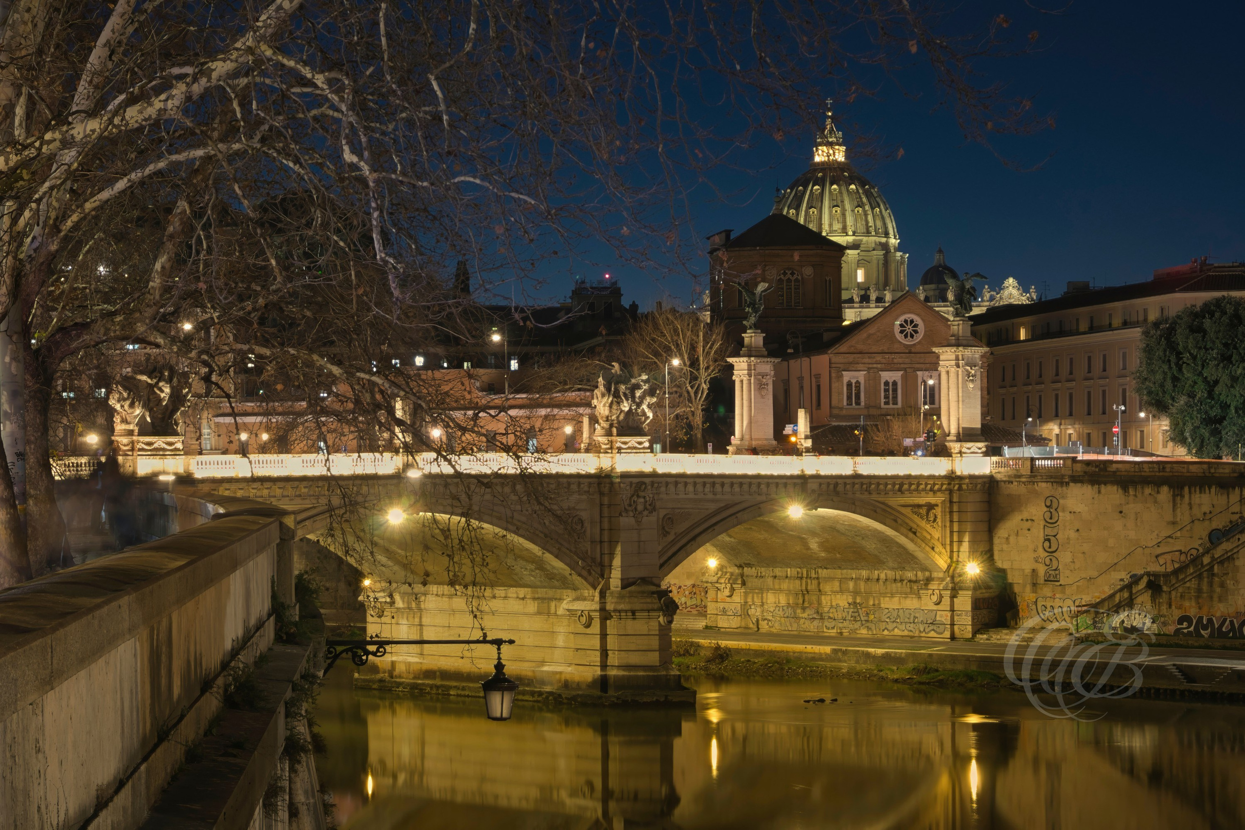 Italy - Rome - Ponte Vittorio Emanuele II at blue hour in black and white, historic bridge over the Tiber River with architectural detail and evening atmosphere, photography of Italy, Eduardo Bartoli Photography
