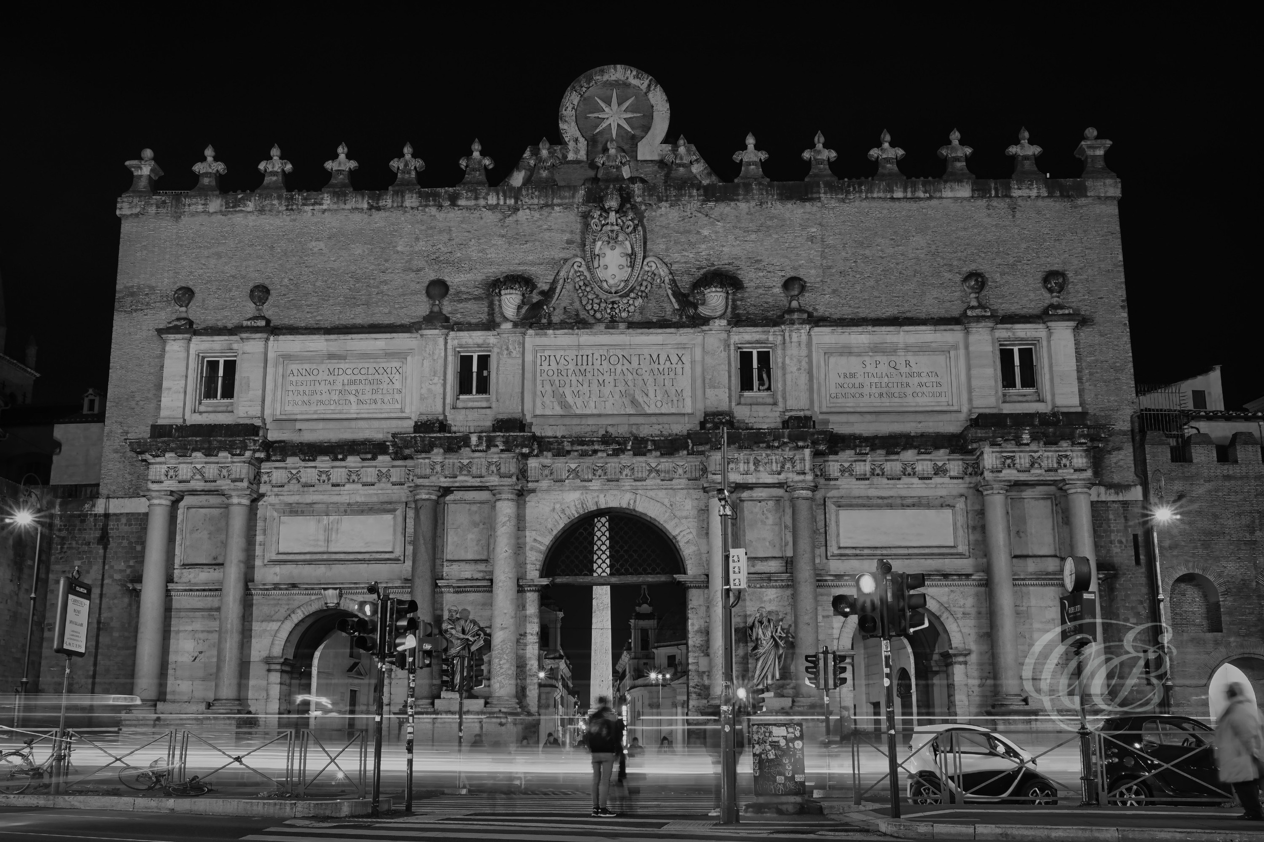 Italy - Rome - Porta del Popolo in black and white, long exposure capturing architectural gate and light movement, photography of Italy, Eduardo Bartoli Photography