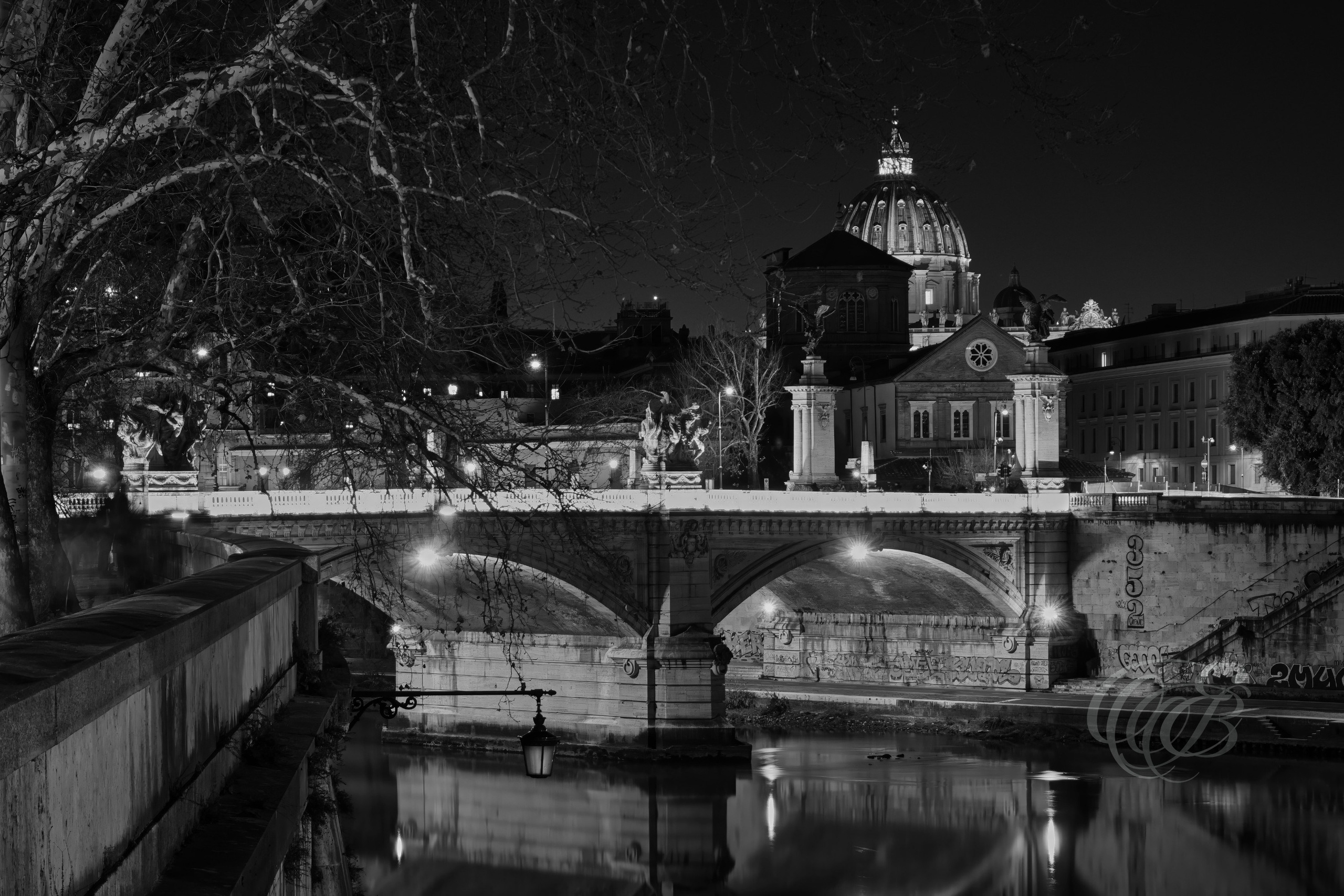 ITALY – ROME – Ponte Vittorio Emanuele II at evening in black and white, bridge over the Tiber River, photography of Italy, Eduardo Bartoli Photography