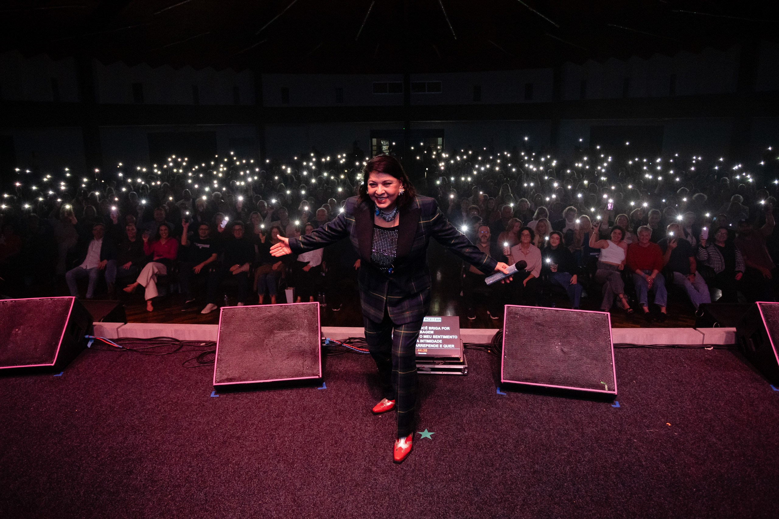 Show musical com cantora em cima do palco a frente de um mar de luzes da plateia.