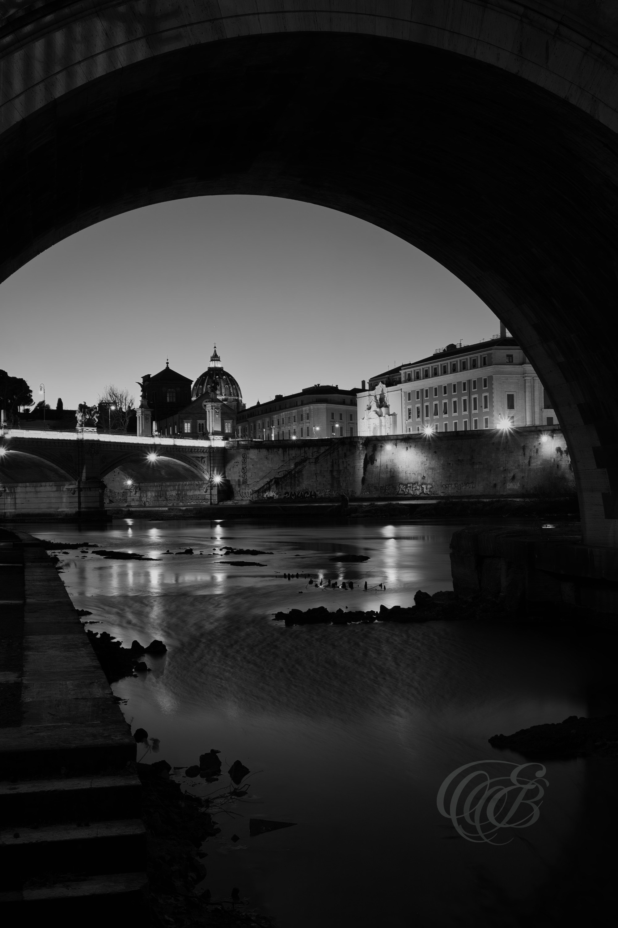 Italy - Rome - Ponte Sant’Angelo at sunset in black and white, architectural landmark over the Tiber River, photography of Italy, Eduardo Bartoli Photography
