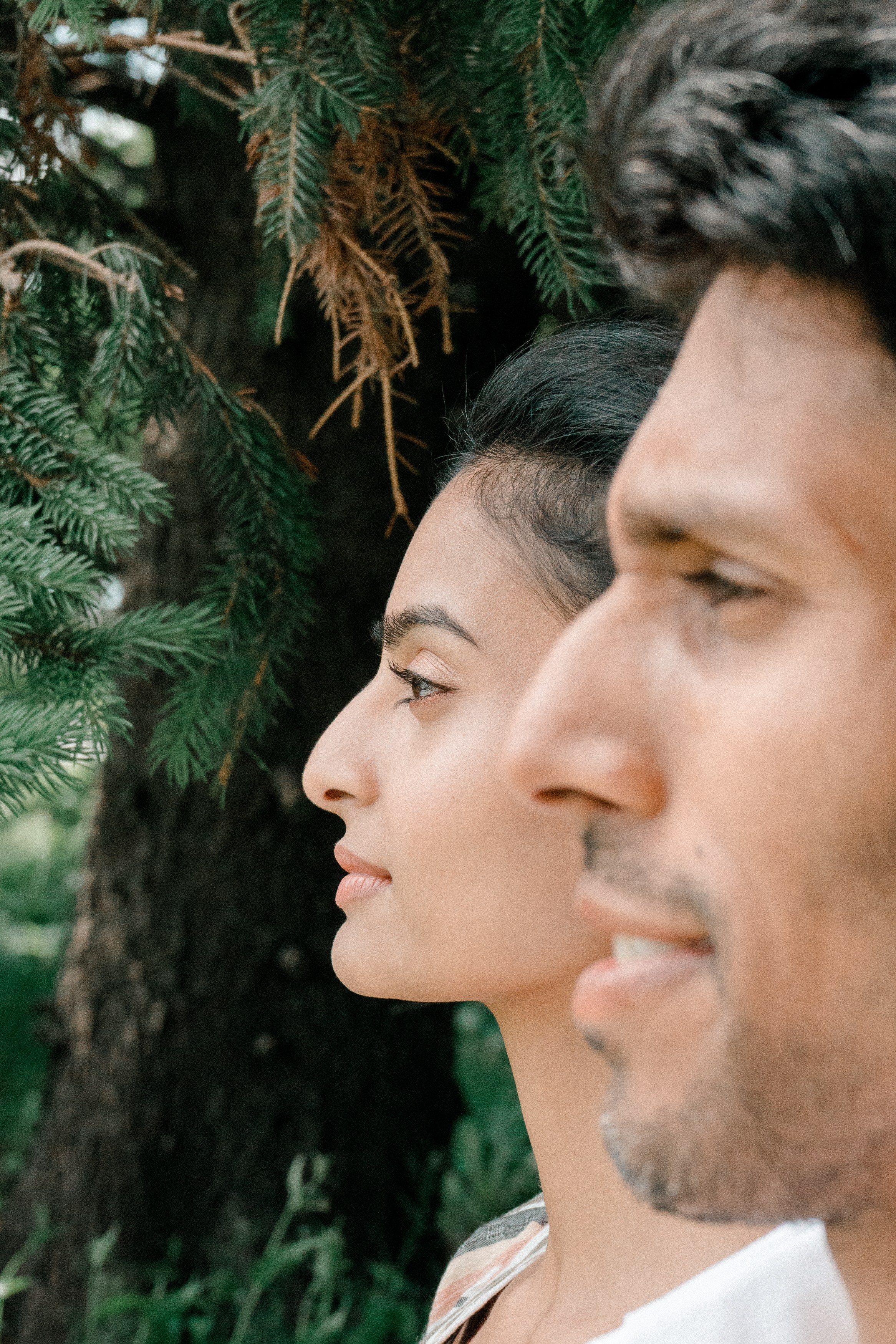 Artistic side-profile portrait of an engaged couple standing close together outdoors, surrounded by greenery and pine branches, symbolizing unity and harmony before their wedding.