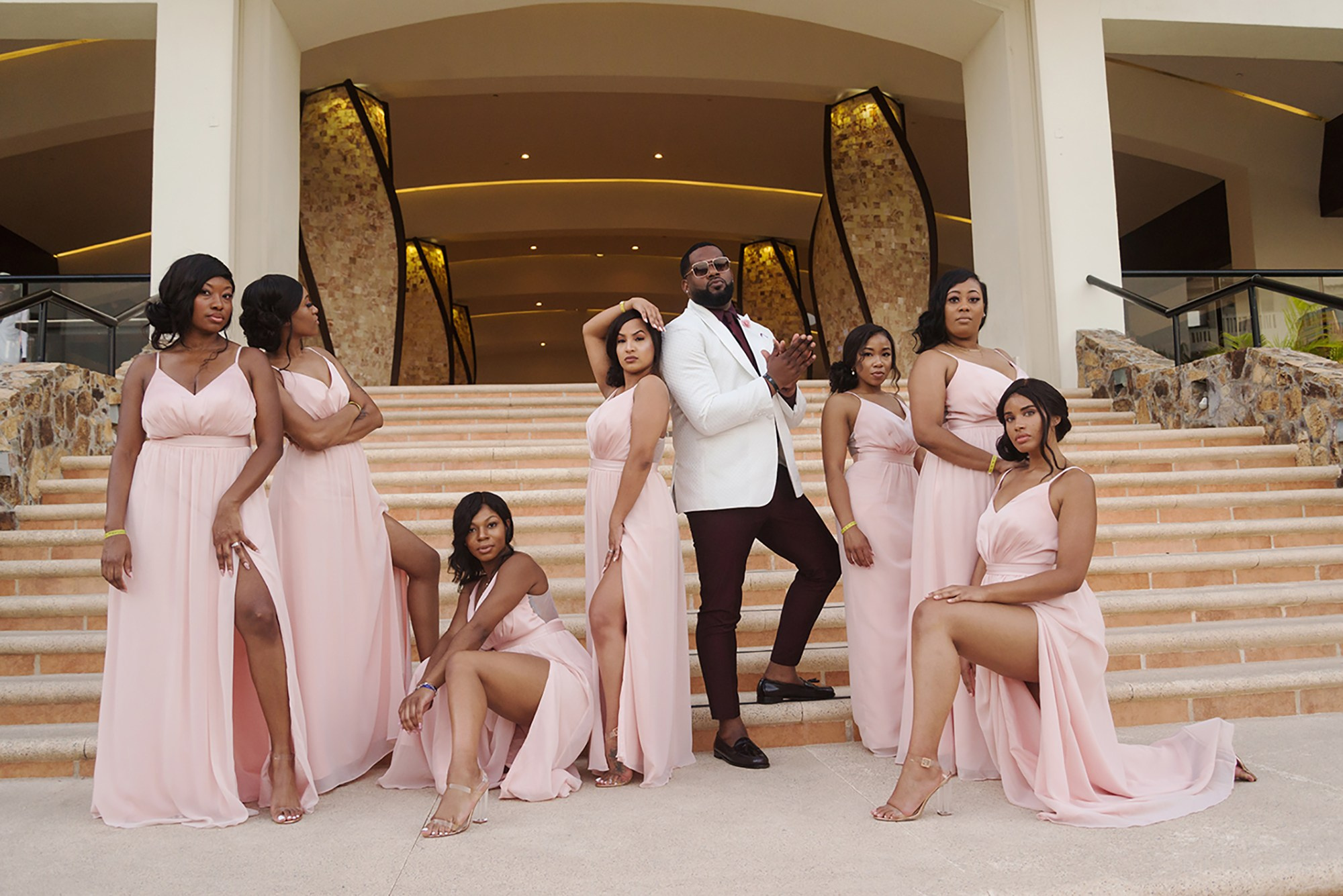 Bridal party portrait with bride and groom at Hyatt Ziva Los Cabos wedding