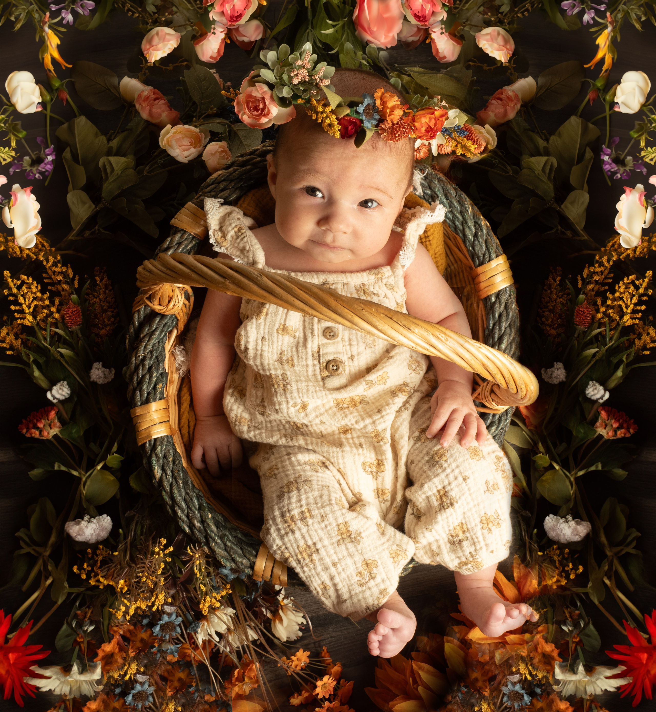 Baby in basket surrounded by flowers.