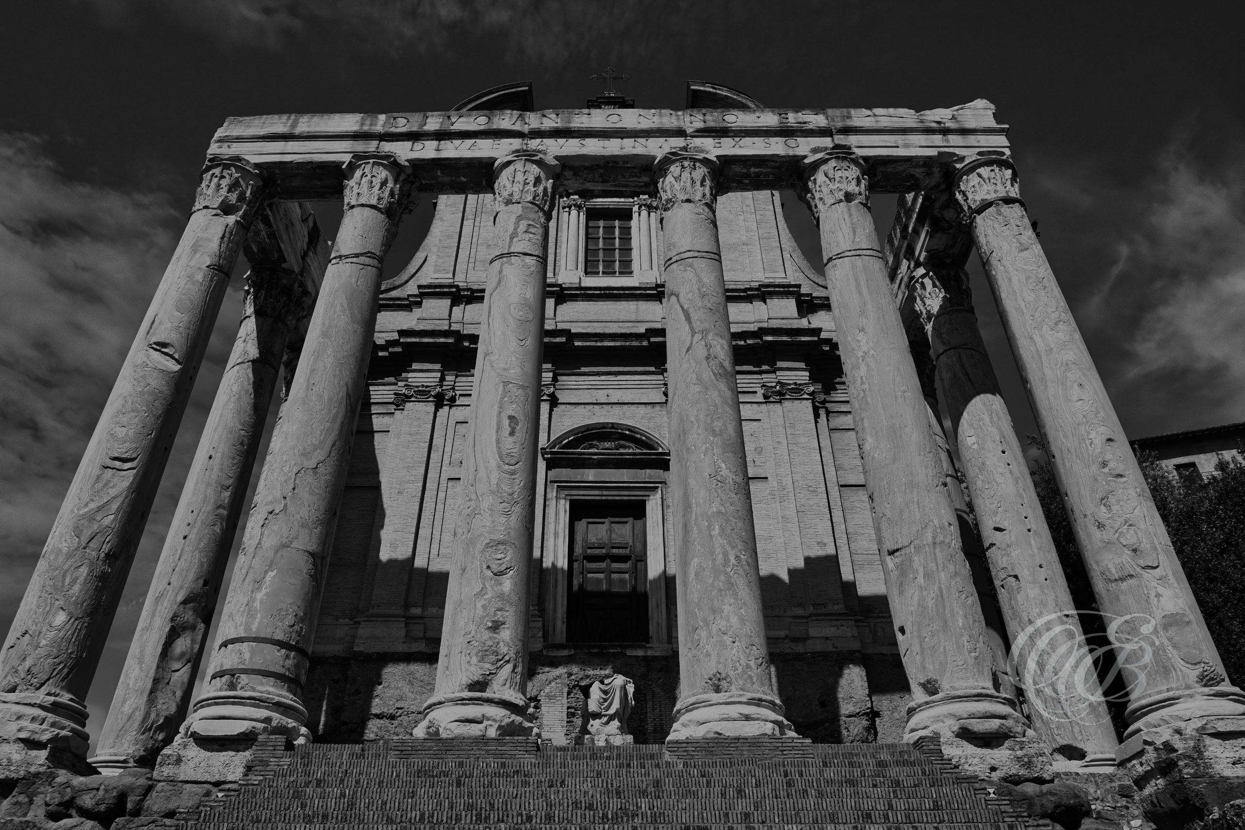 Italy - Rome - Temple of Antoninus and Faustina in black and white, ancient Roman temple façade with Corinthian columns, photography of Italy, Eduardo Bartoli Photography