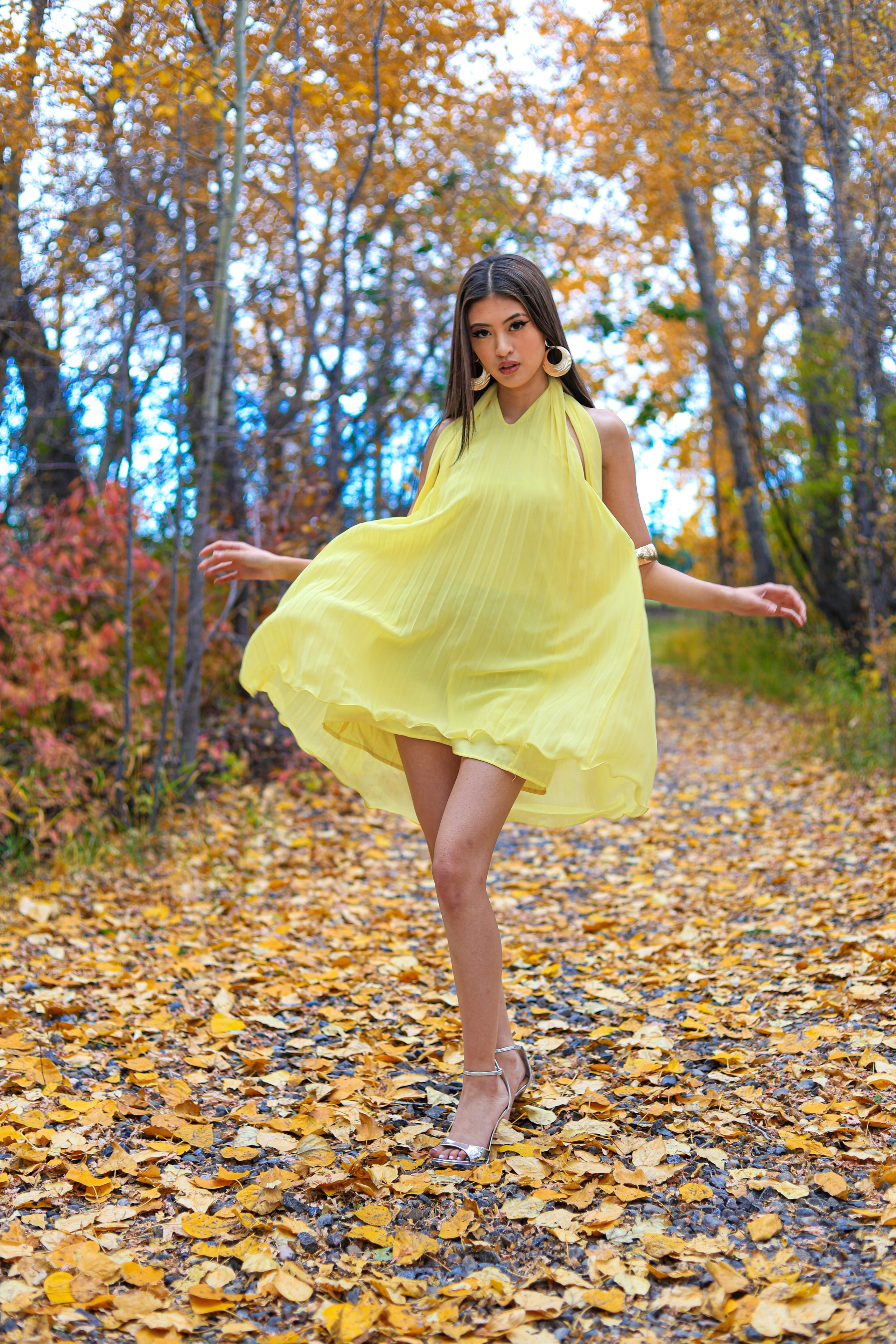 Golden Elegance: Lana Collantes’ Autumn Photoshoot in a Yellow Dress. ProFly Media Inc. — Cinematic photo and video production for brands, businesses, and spaces in Calgary