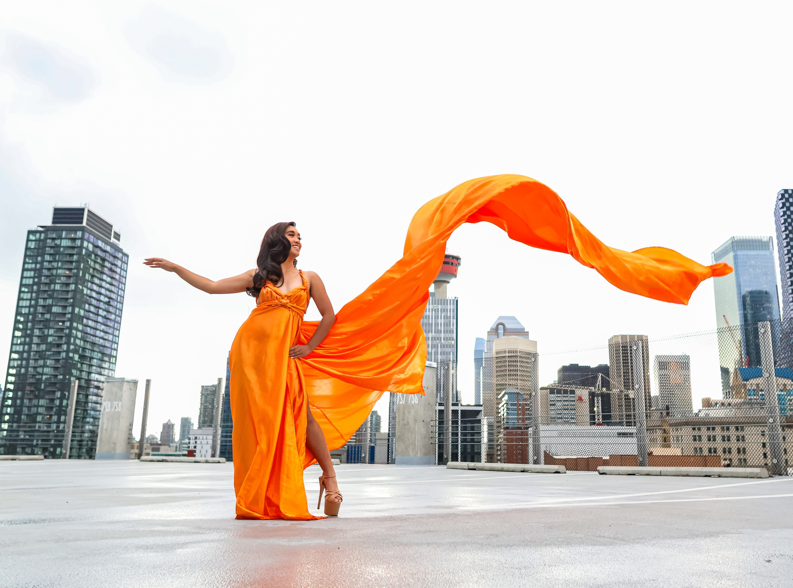Radiance in Orange — Jeanae Elisha Ventura, Miss Teen International Canada 2025. ProFly.club — Professional aerial filming in Calgary
