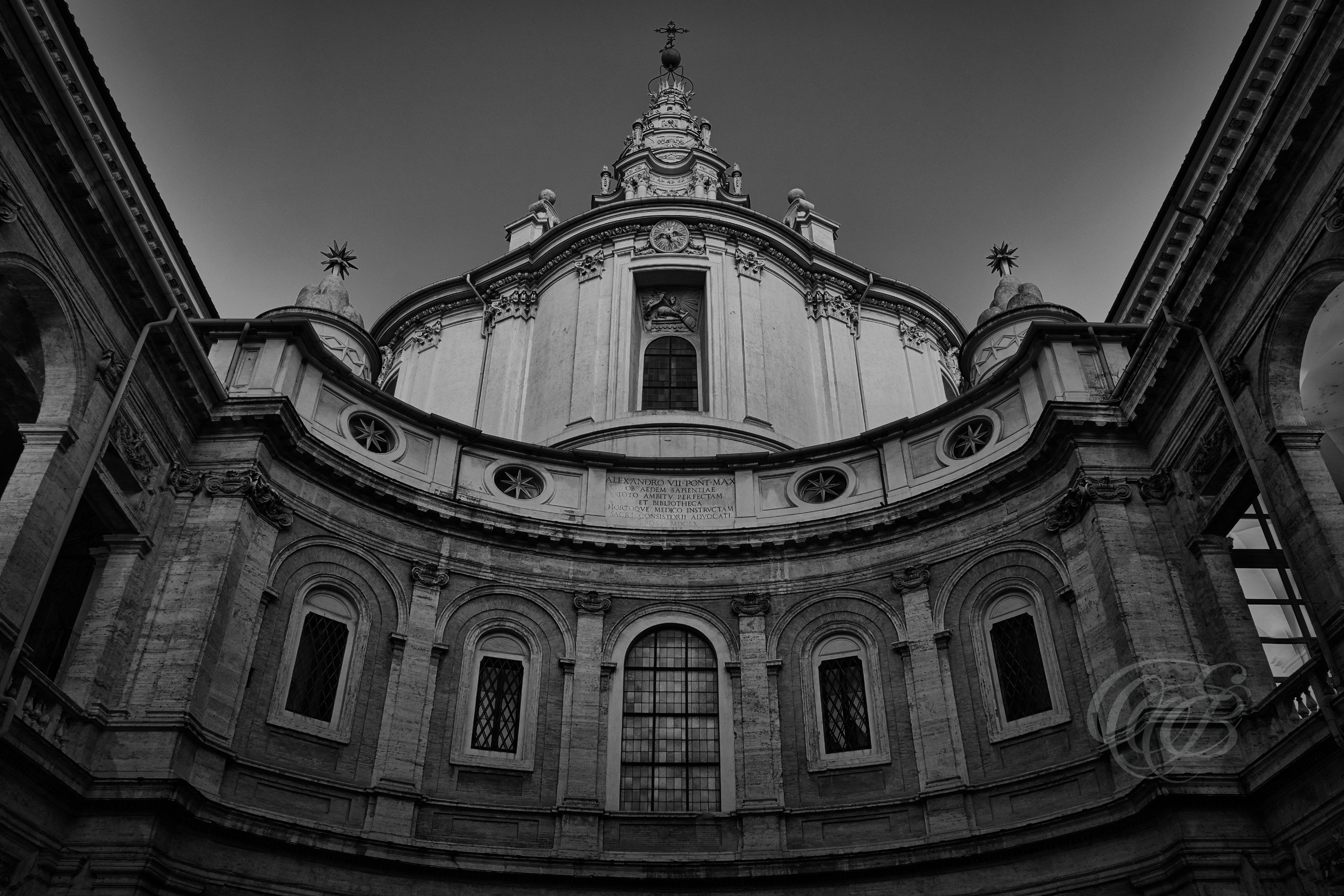ITALY – ROME – Chiesa di Sant’Ivo alla Sapienza in black and white, Baroque church interior/exterior architectural view, photography of Italy, Eduardo Bartoli Photography