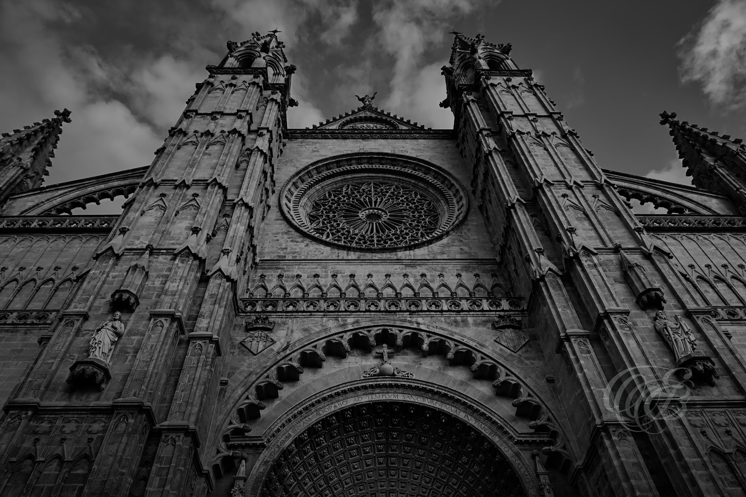 SPAIN – MALLORCA – Basílica de Santa María de Mallorca in black and white, exterior Gothic cathedral view, photography of Spain, Eduardo Bartoli Photography