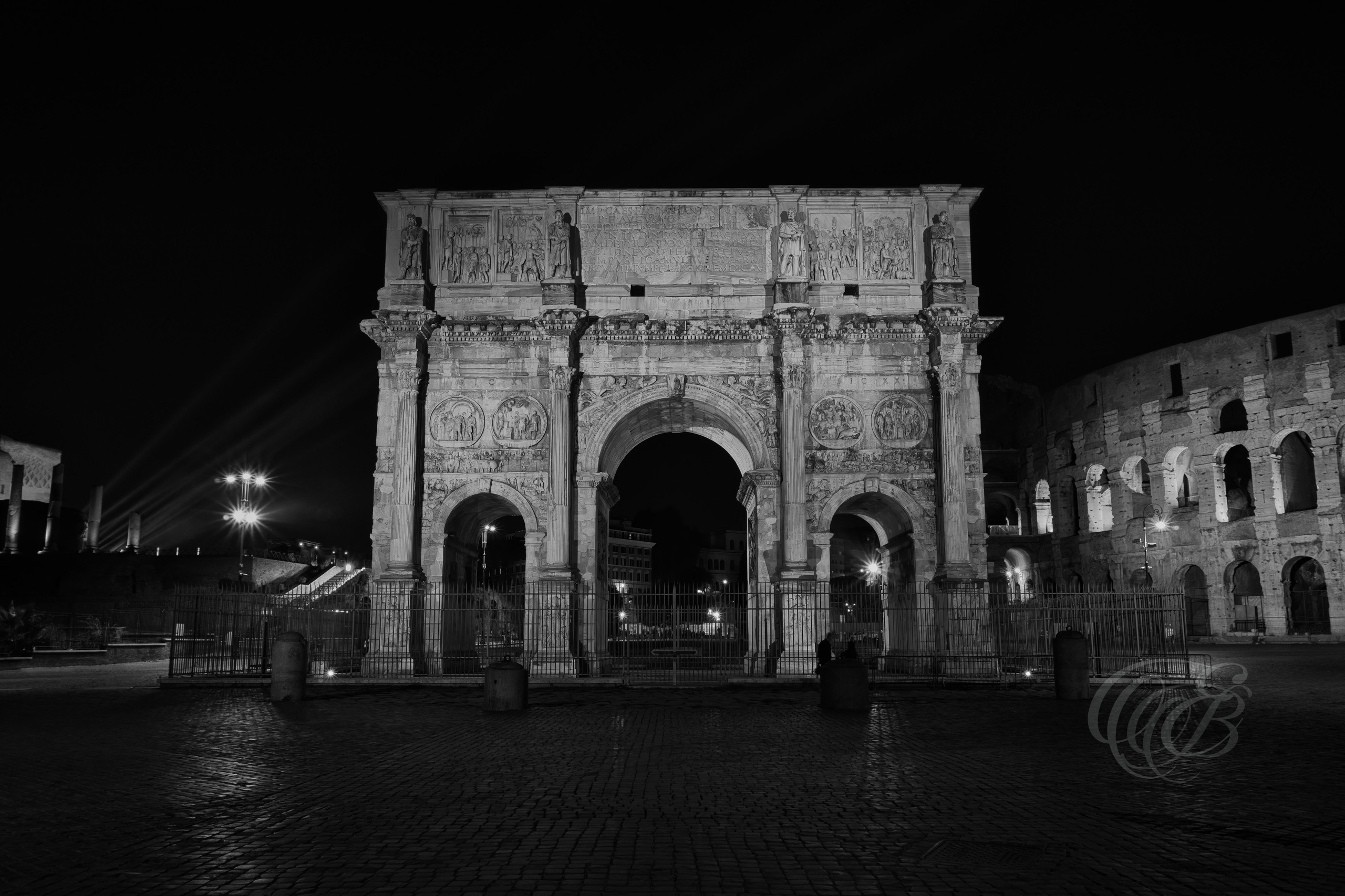 ITALY – ROME – Arch of Constantine in black and white matte long exposure, ancient Roman triumphal arch near the Colosseum, photography of Italy, Eduardo Bartoli Photography