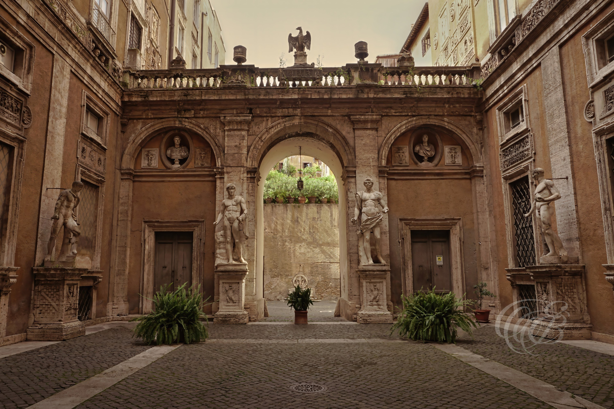 Italy - Rome - Palazzo Mattei courtyard in black and white, Renaissance palace interior courtyard with arches and symmetry, photography of Italy, Eduardo Bartoli Photography