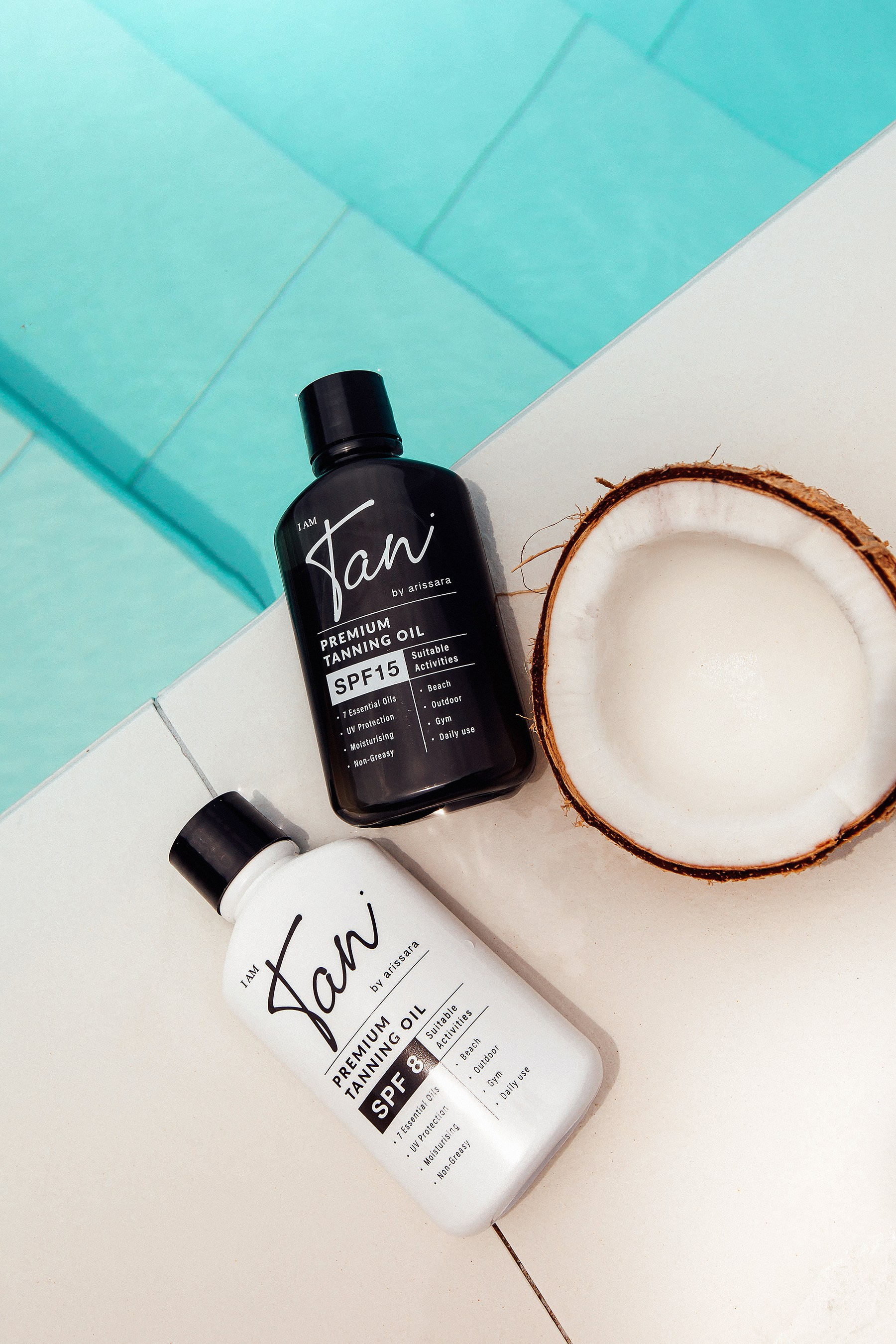Coconut tanning oil lifestyle product photography with an island-inspired mood