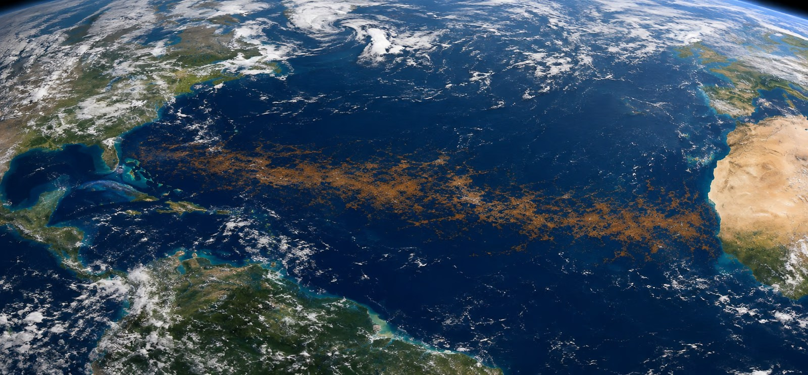 Great Atlantic Sargassum Belt on a satellite map of the world