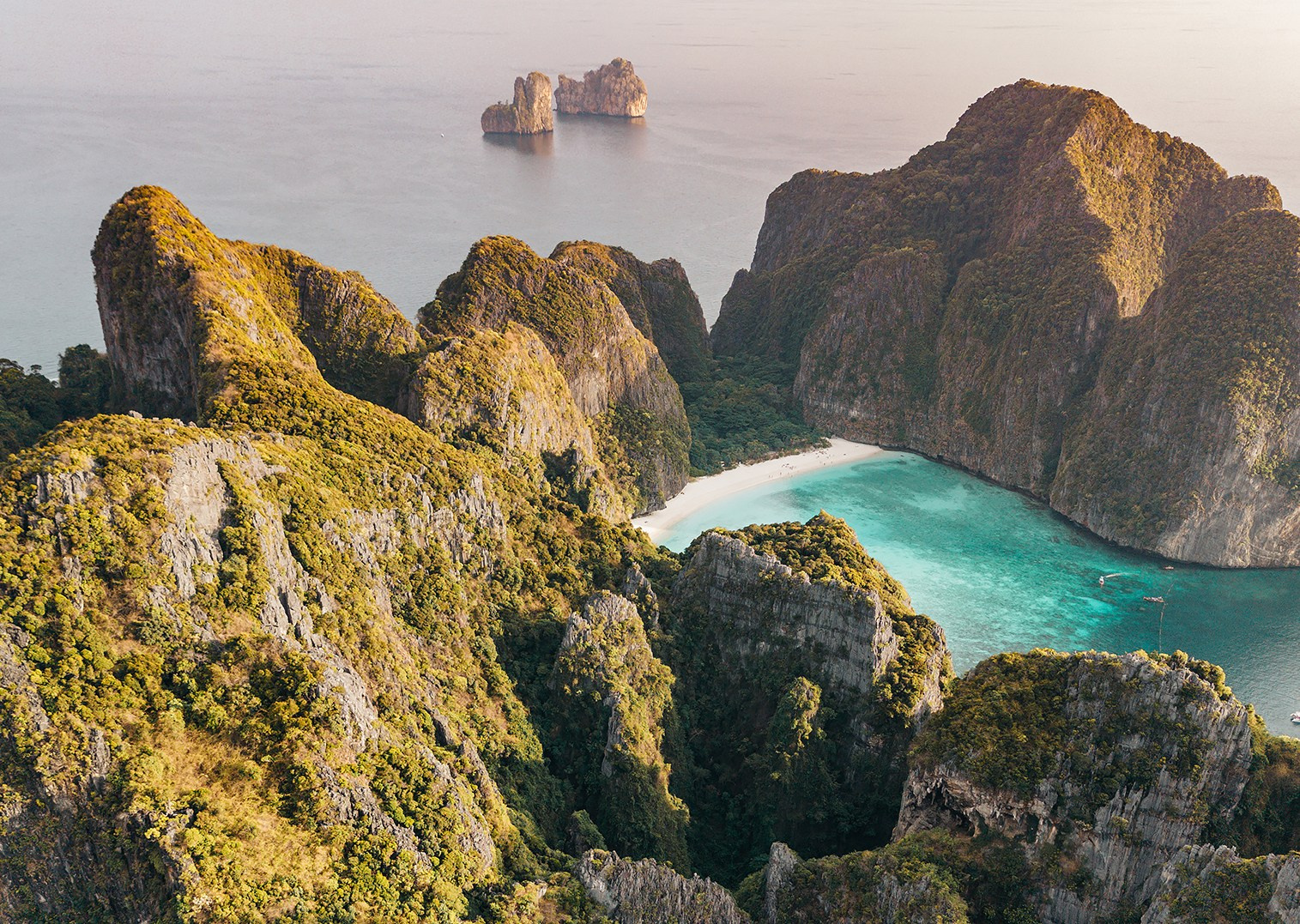 Aerial view of Maya Bay and limestone cliffs on Phi Phi Islands, Thailand