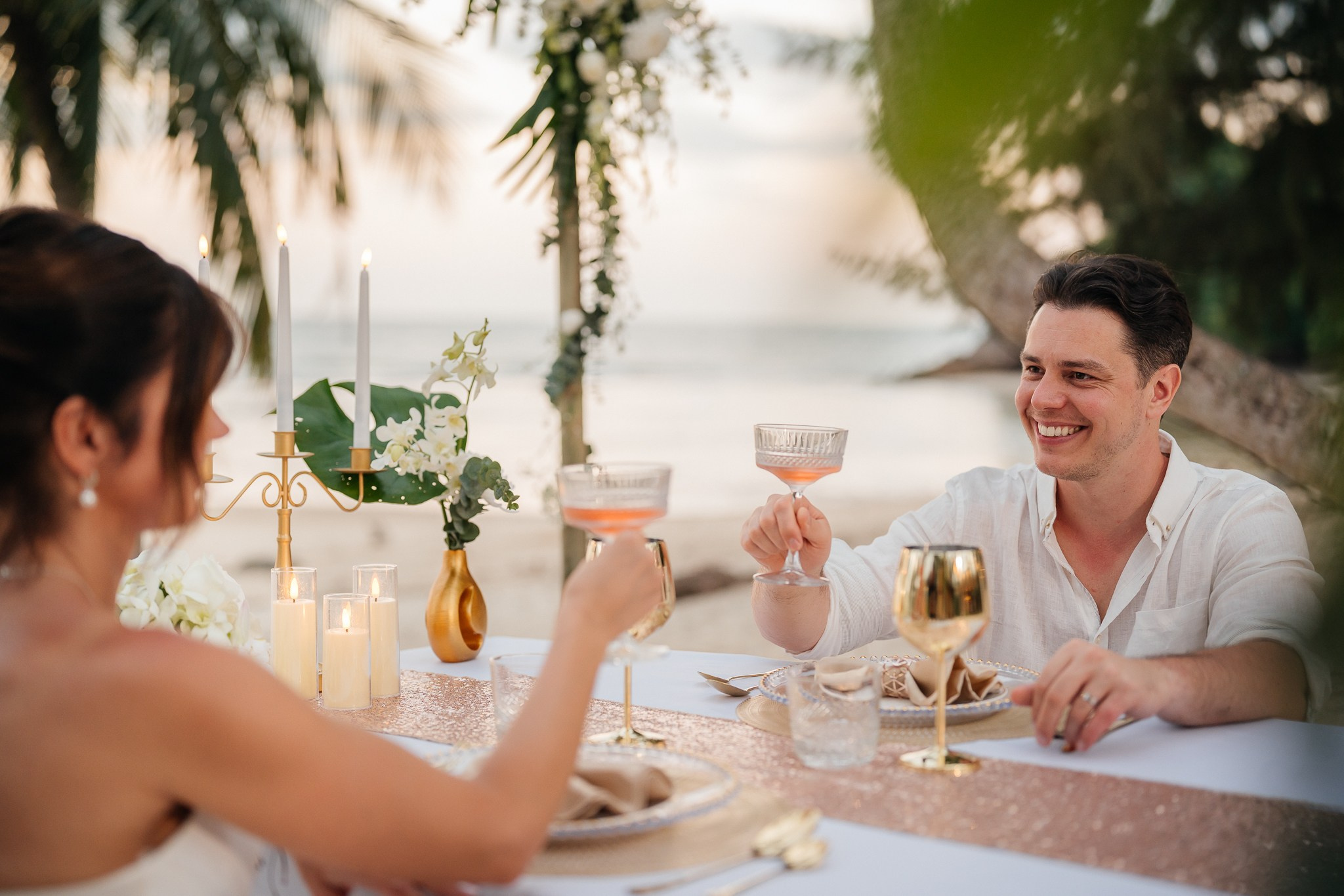 Romantic just for 2 beach wedding in Koh Samui, Thailand, featuring an intimate elopement ceremony with tropical ocean views and floral decor.