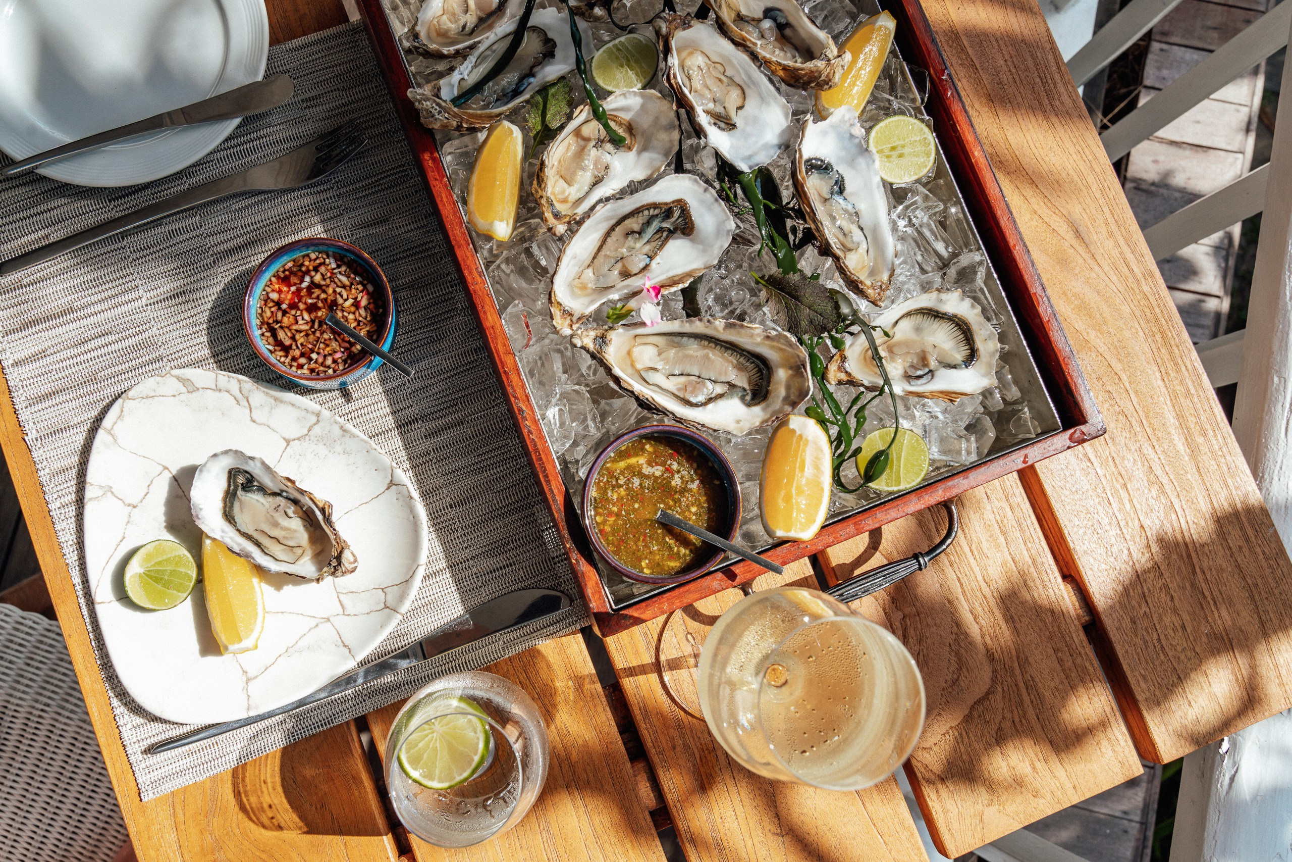 Fresh oysters and wine bathed in warm sunlight, creating an elegant luxury dining scene with a relaxed tropical atmosphere.