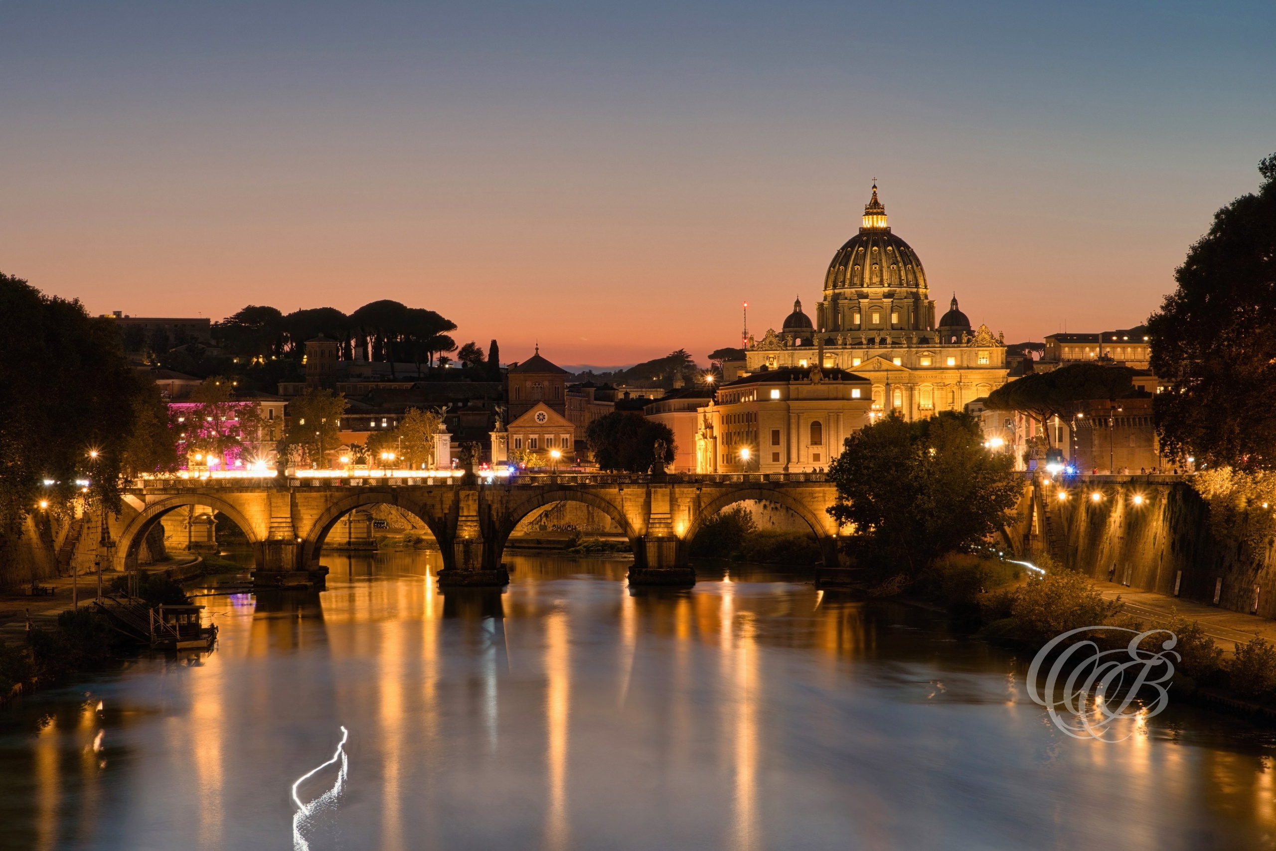 ITALY TRAVEL PHOTOGRAPHY – ITALY – ROME — Sunset at Ponte Sant’Angelo with Warm Tones — Historic bridge over the Tiber River leading to Castel Sant’Angelo, illuminated by warm sunset light and Baroque angel sculptures, Rome, Italy — Eduardo Bartoli Photography.