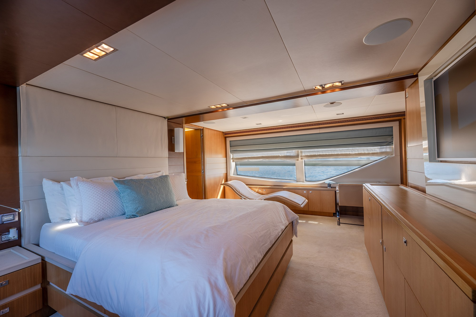 Luxury yacht master cabin interior photography on a 100-foot yacht in La Paz Baja California Sur for hospitality and real estate marketing