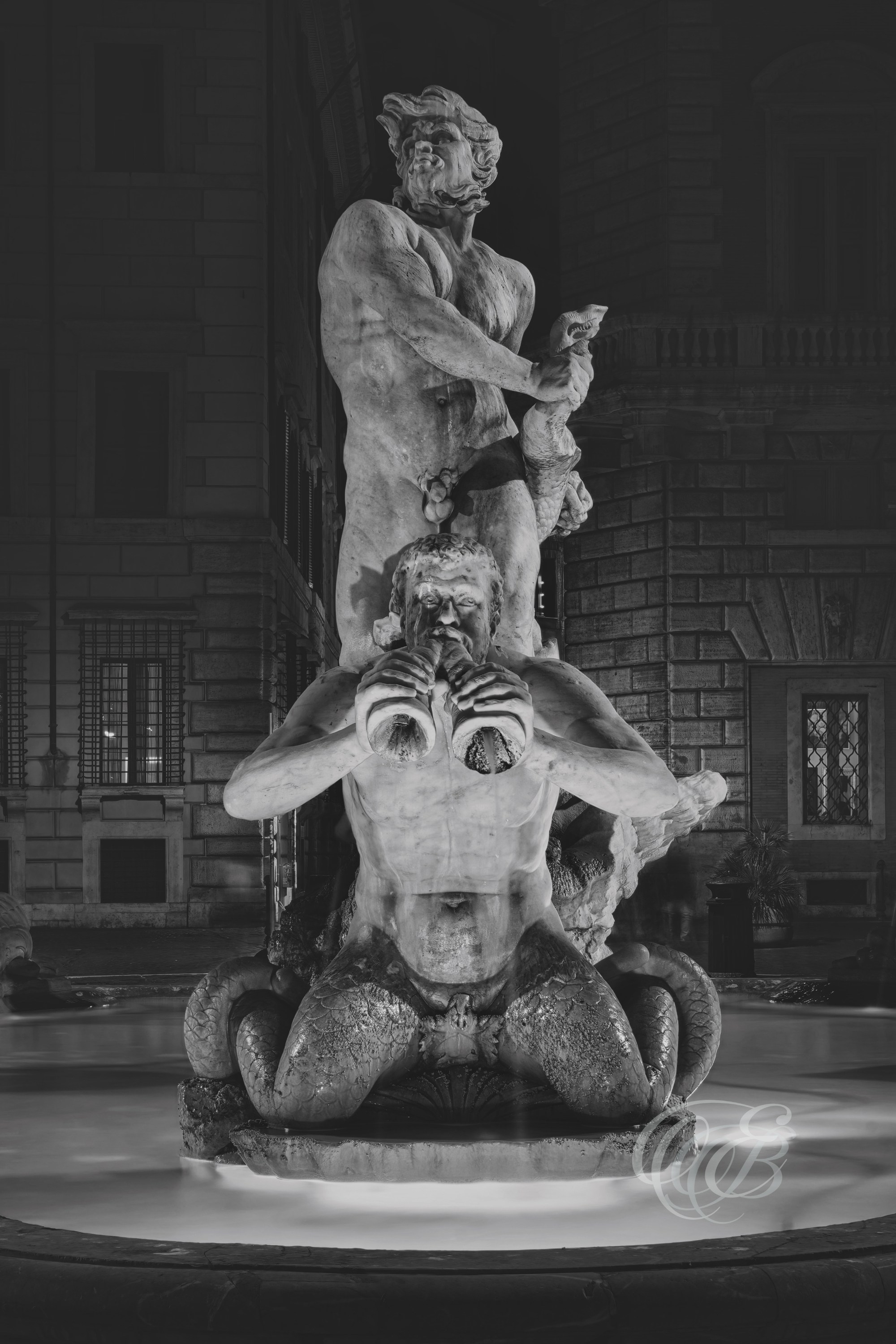 Rome Italy - Piazza Navona Fontana del Moro - Eduardo Bartoli Fine Art Photography - Black and white matte fine art photograph of the Fontana del Moro in Piazza Navona, Rome, Italy – photography by Eduardo Bartoli.