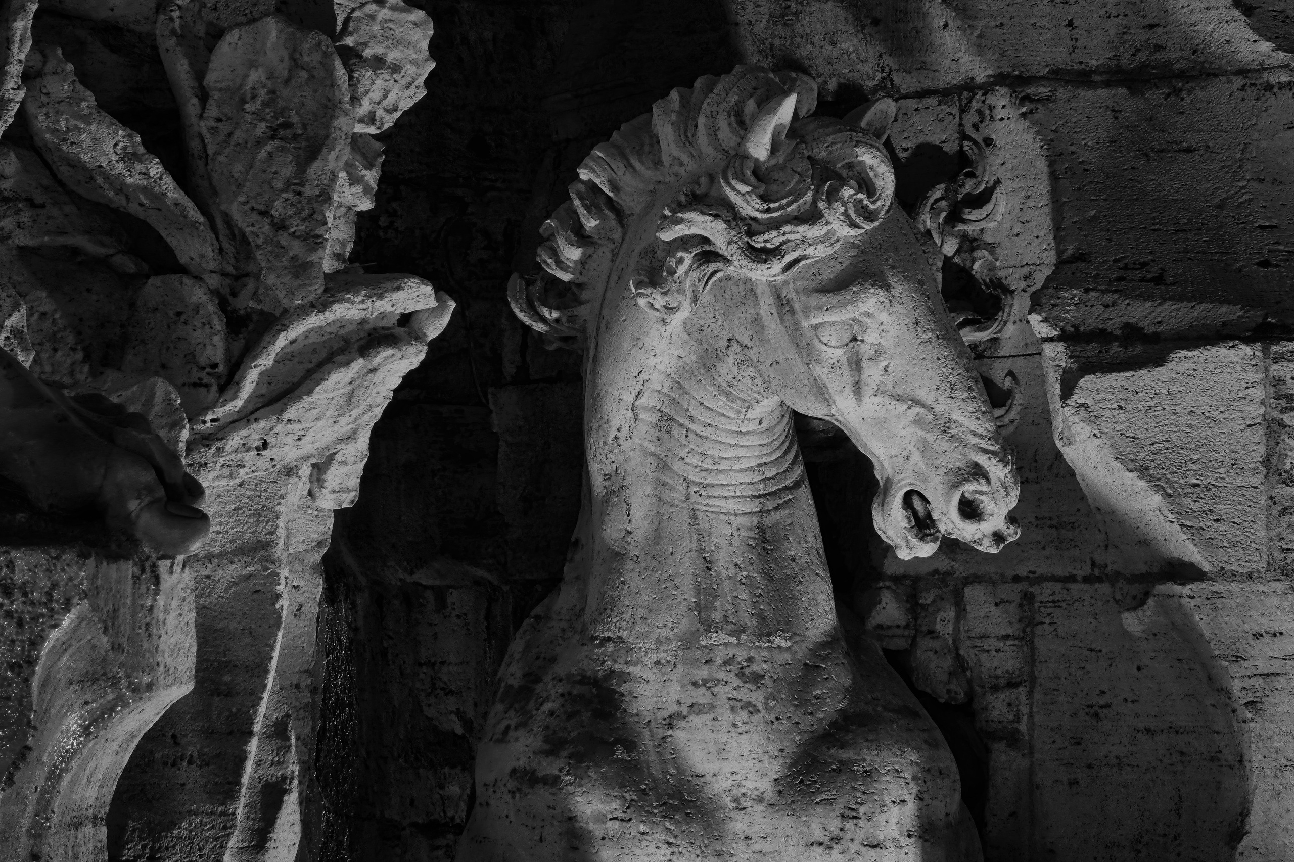 Rome Italy – Fountain of the Four Rivers, Danube River sculpture by Gian Lorenzo Bernini in Piazza Navona, Roman Baroque marble detail captured in black and white fine art photography. Rome, Italy – fine art photography by Eduardo Bartoli.