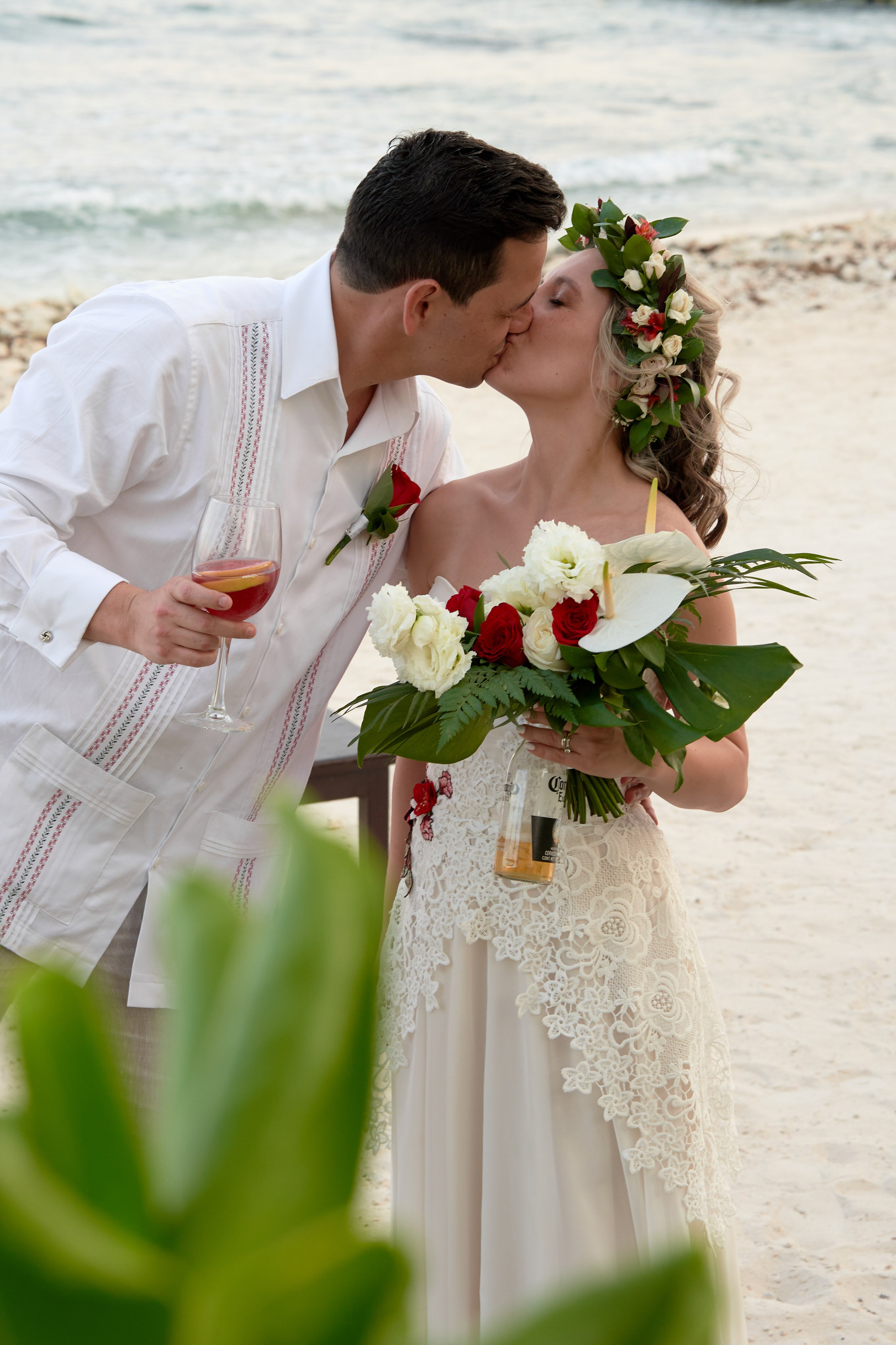 Bride and groom portrait on Cancun beach