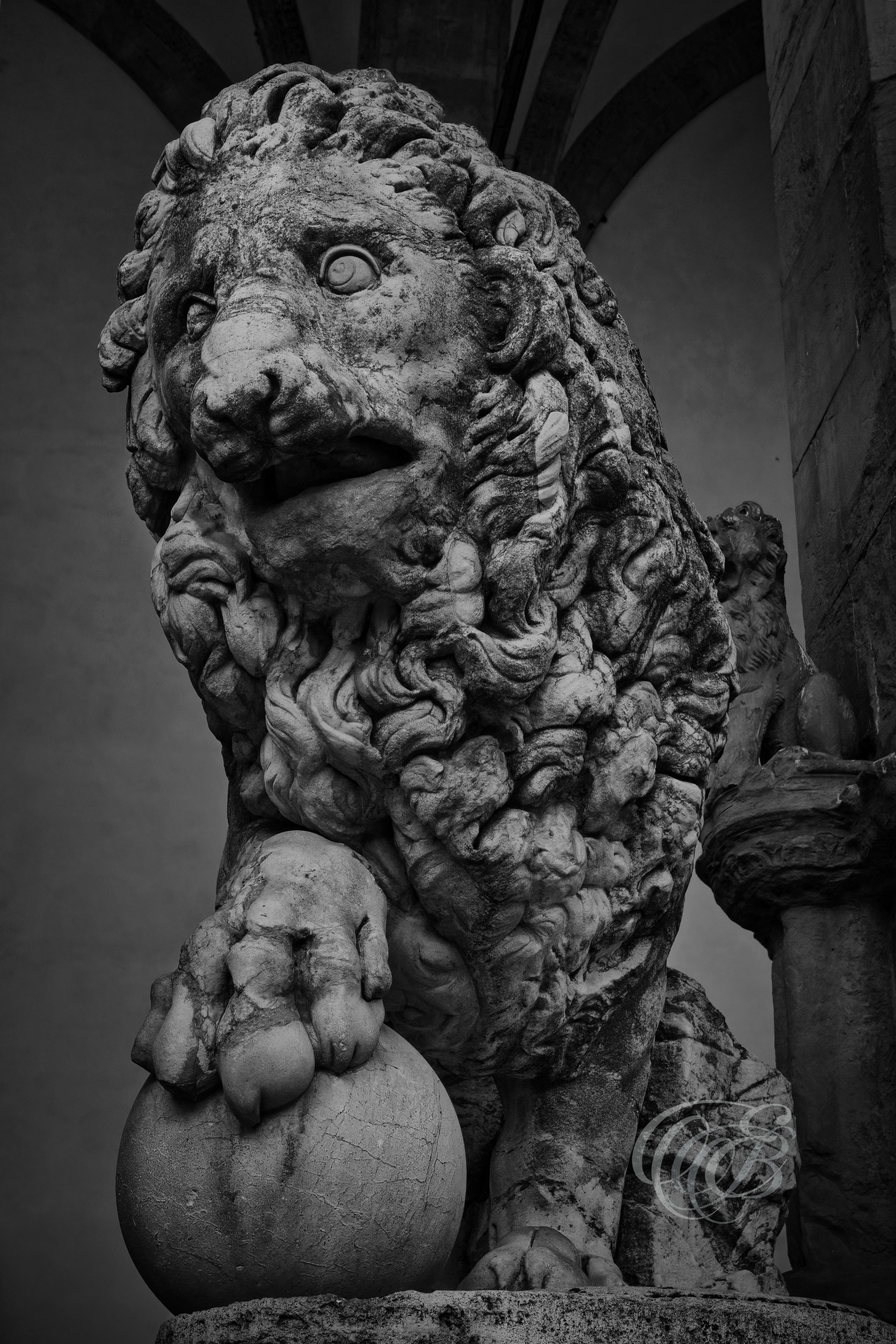 ITALY – FLORENCE — Medici Lion Sculpture at Loggia dei Lanzi Black and White — Weathered stone lion sculpture associated with Medici symbolism positioned under Renaissance arches of Loggia dei Lanzi in Piazza della Signoria, architectural arcade and historic public square context, Florence, Italy — Eduardo Bartoli Photography.
