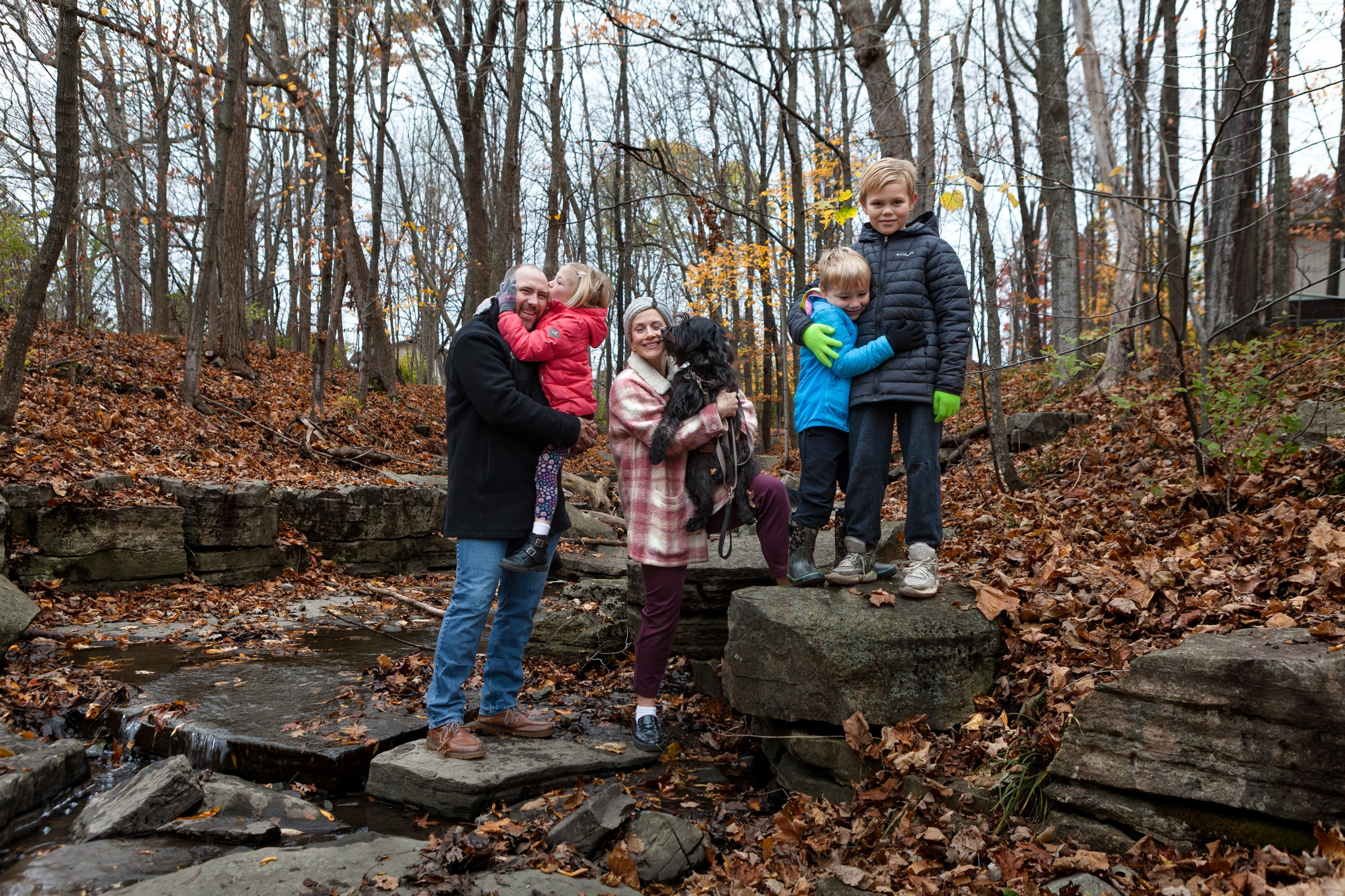 Pet-friendly family photography in an autumn park, Collins Bay area, Kingston, ON.