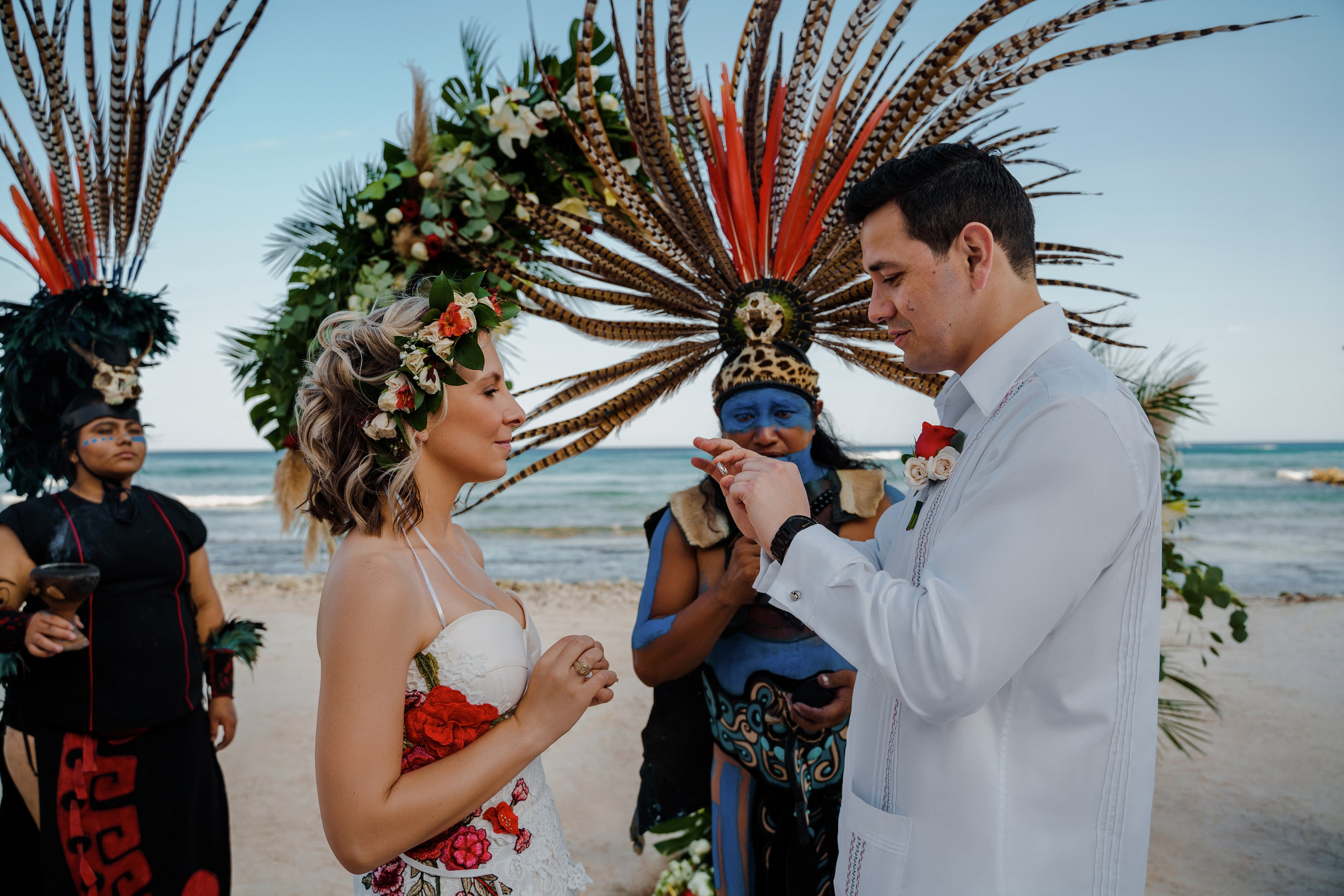 Traditional Mayan blessing during beach wedding 