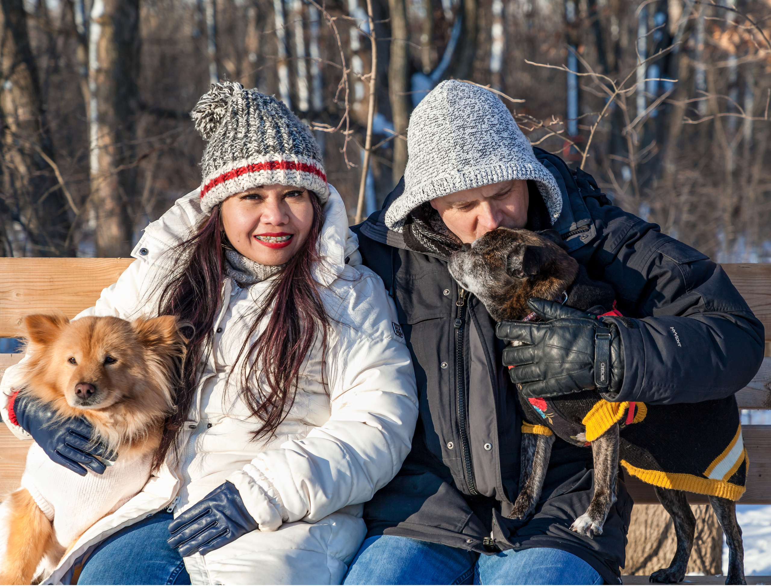 Pet-friendly winter family photo session on a bench at Lemoine Point, Kingston.