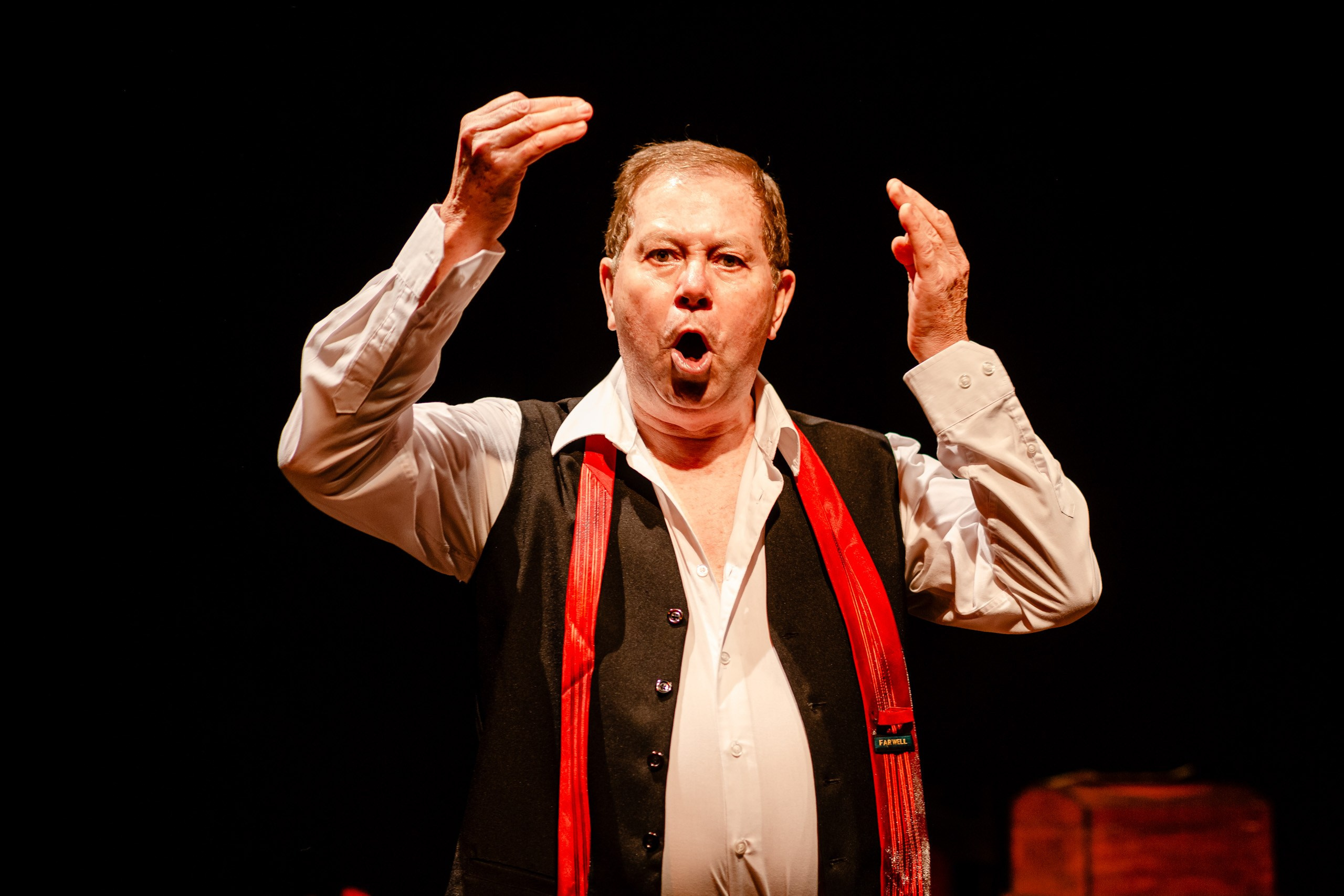 Apresentação teatral com ator gritando.