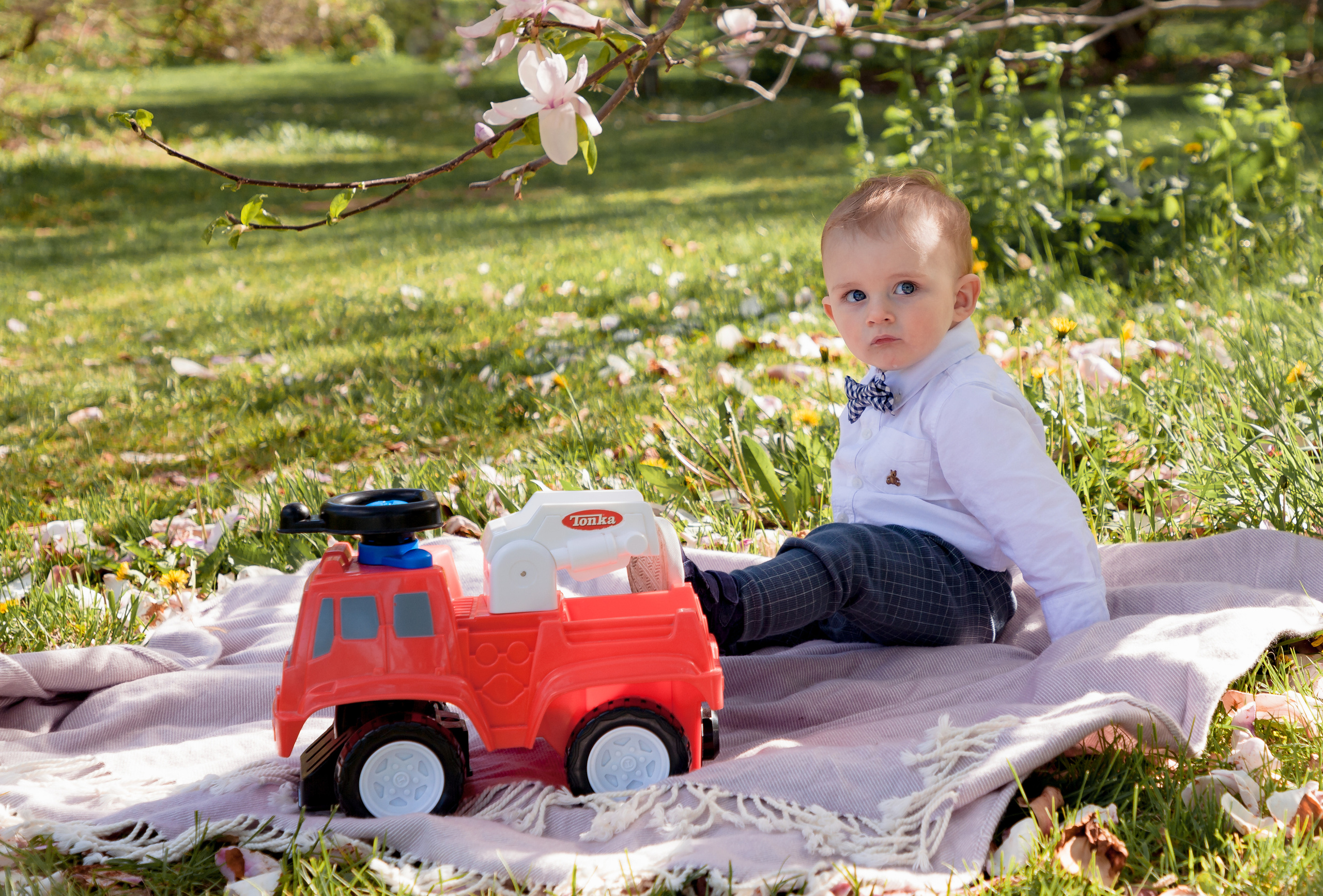 Candid child portrait on a blanket with a toy car, Central Experimental Farm, Ottawa.