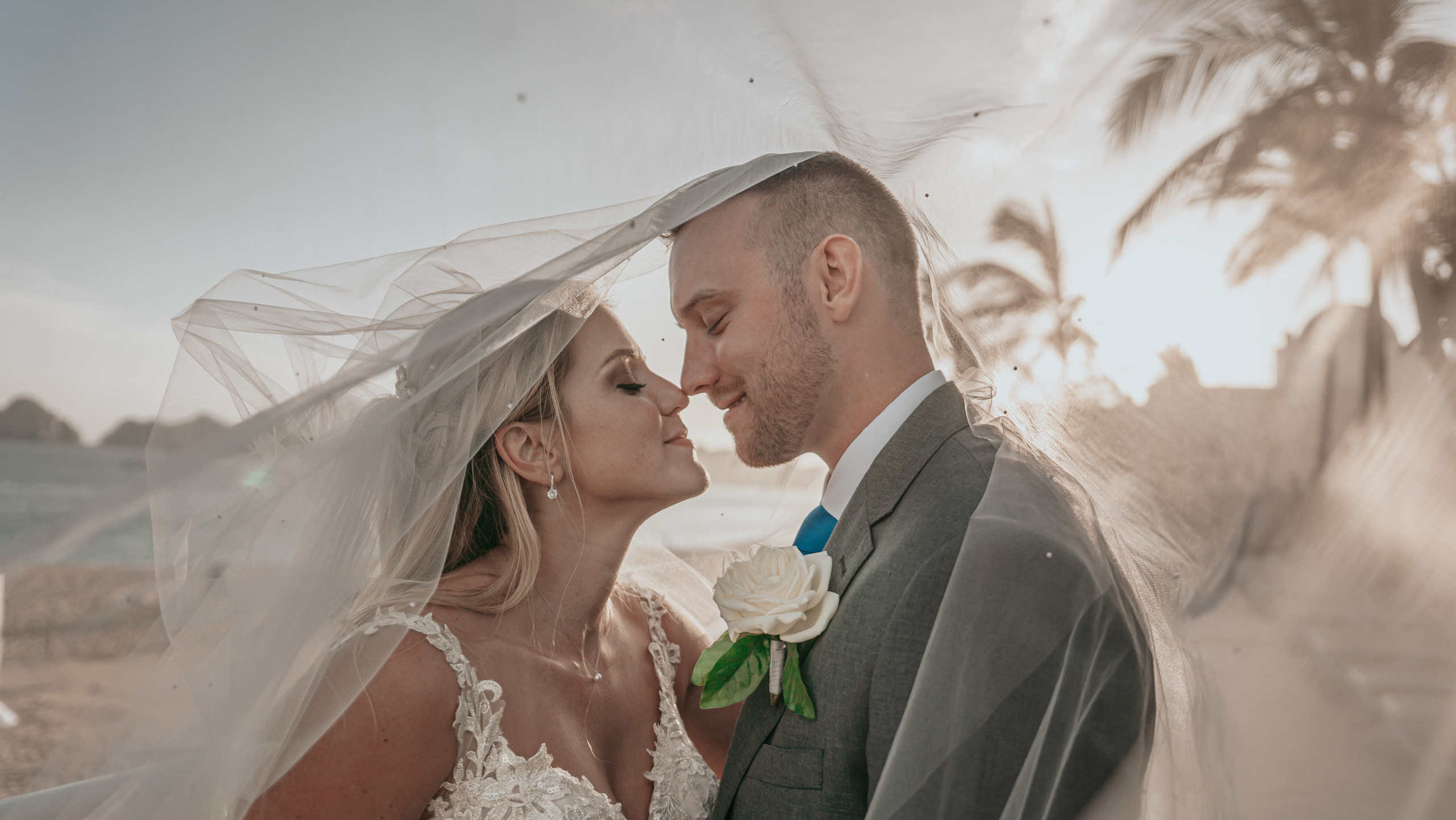 Romantic wedding portrait under veil at sunset in Cabo San Lucas beach
