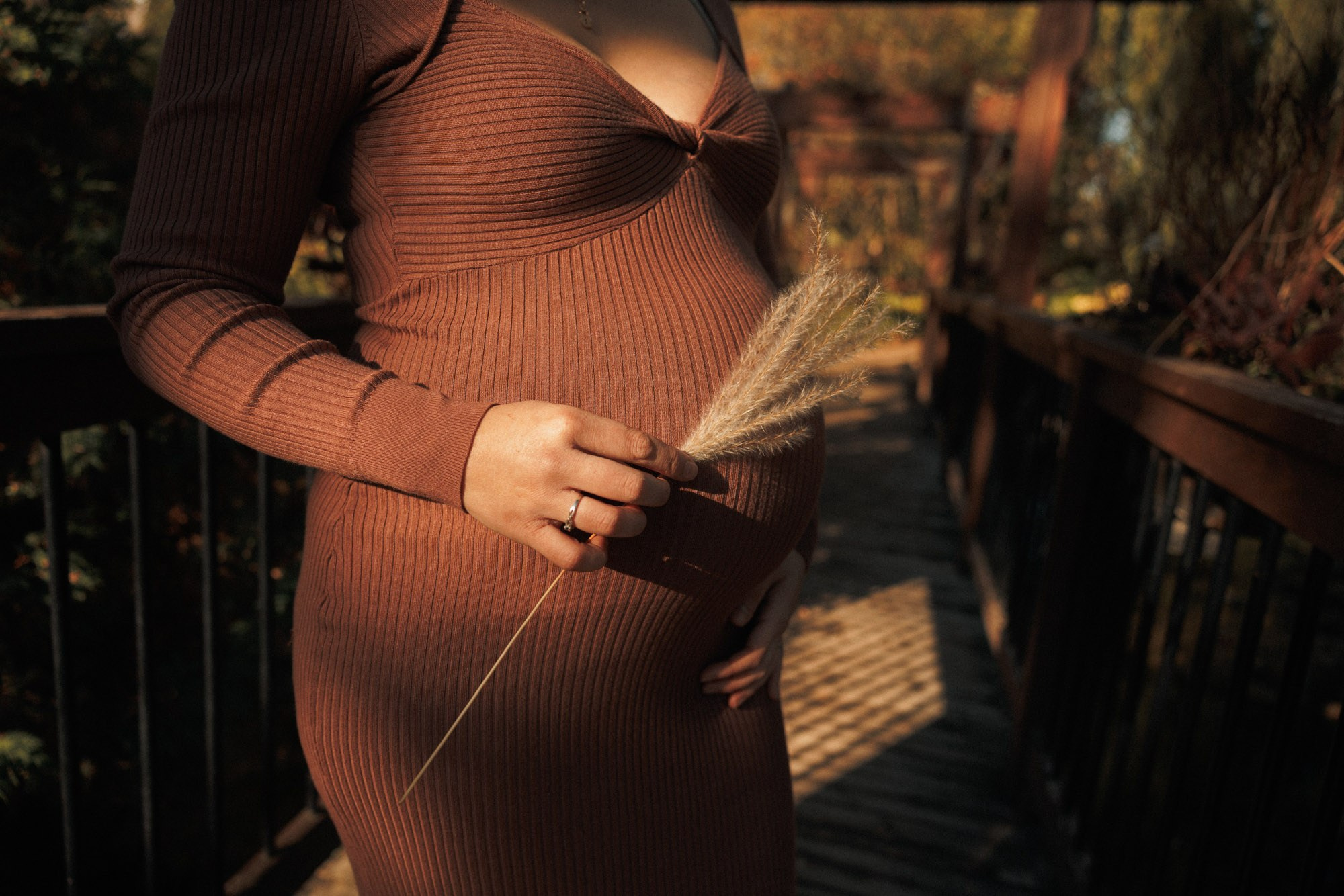 Expectant mother holding dried flowers during an autumn maternity session
