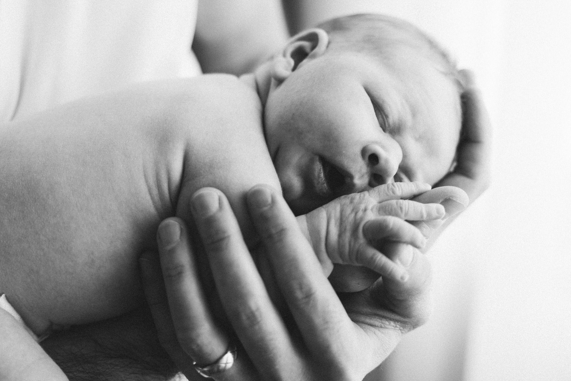 Nouveau-né endormi dans les mains d’un parent lors d’une séance photo à Montréal