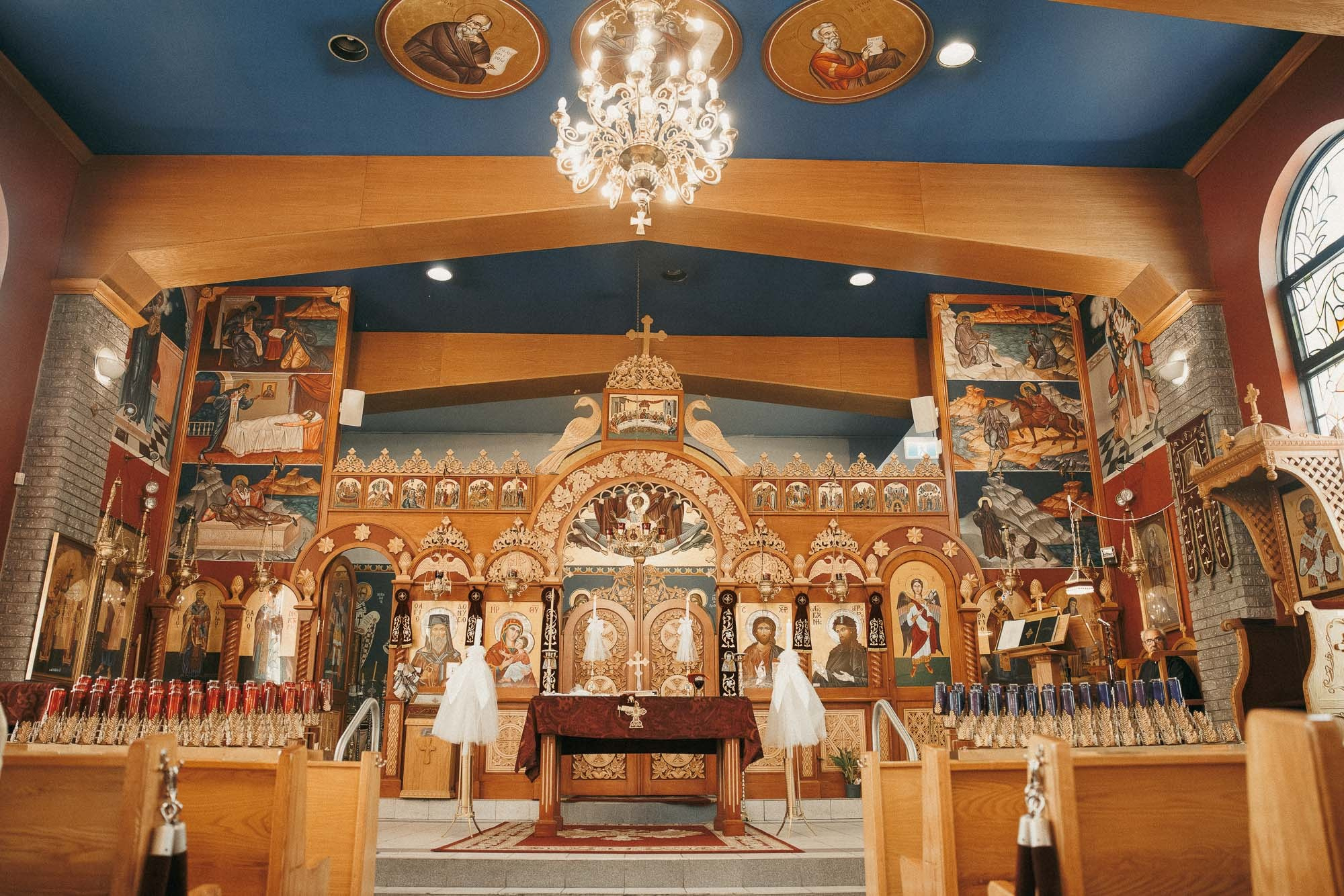Ornate church interior prepared for a wedding in Greater Montreal.