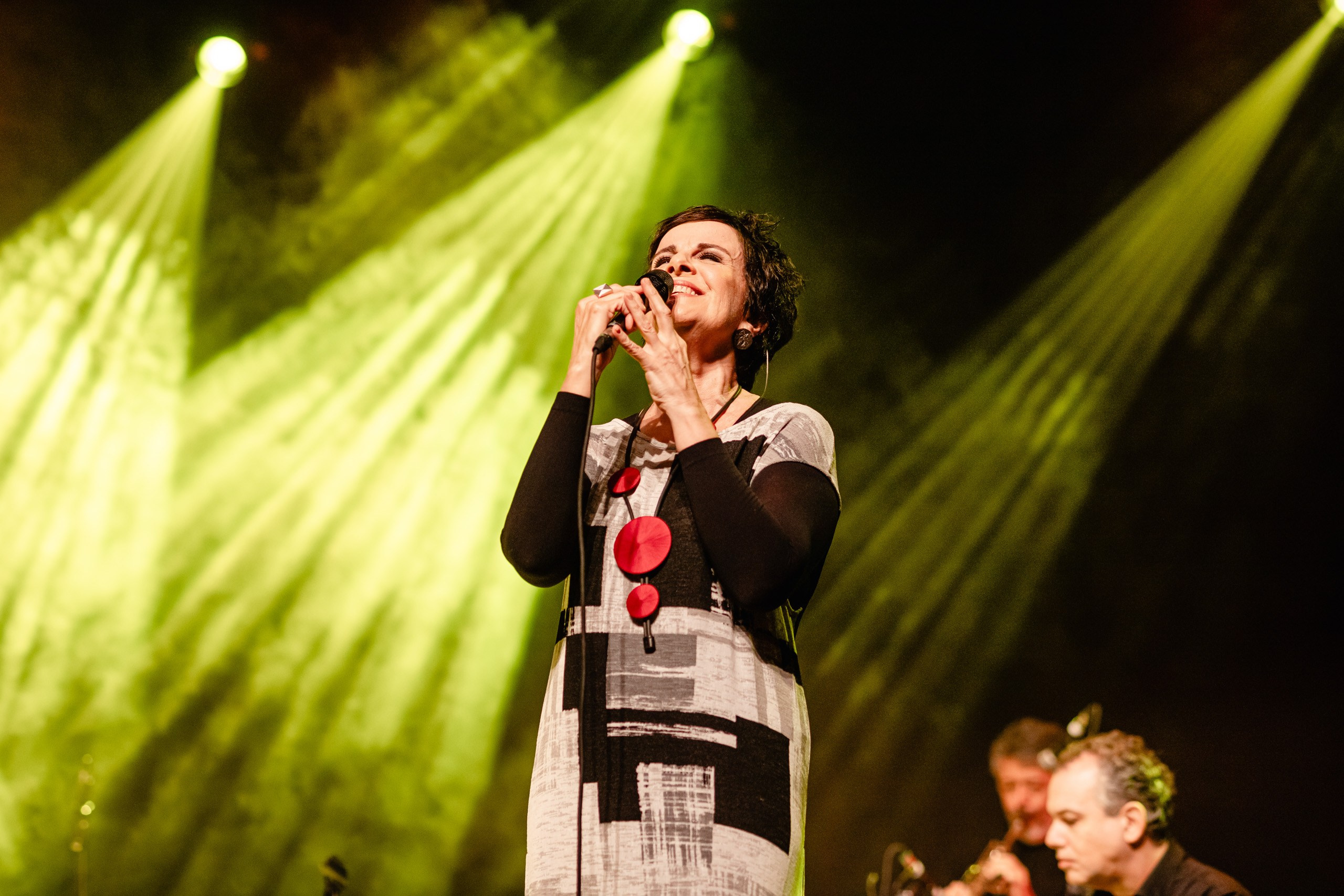 Show musical com cantora cantando no palco.