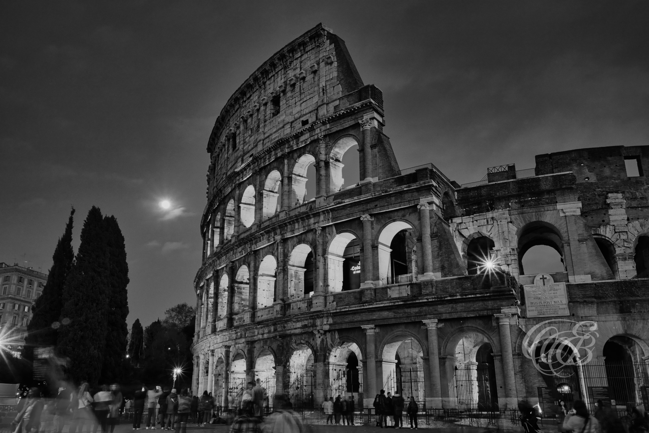 Rome Italy - The Colosseum under the Full Moon - B&W - Eduardo Bartoli Fine Art Photography - Black and white fine art photograph of the Colosseum under the full moon in Rome, Italy – photography by Eduardo Bartoli.