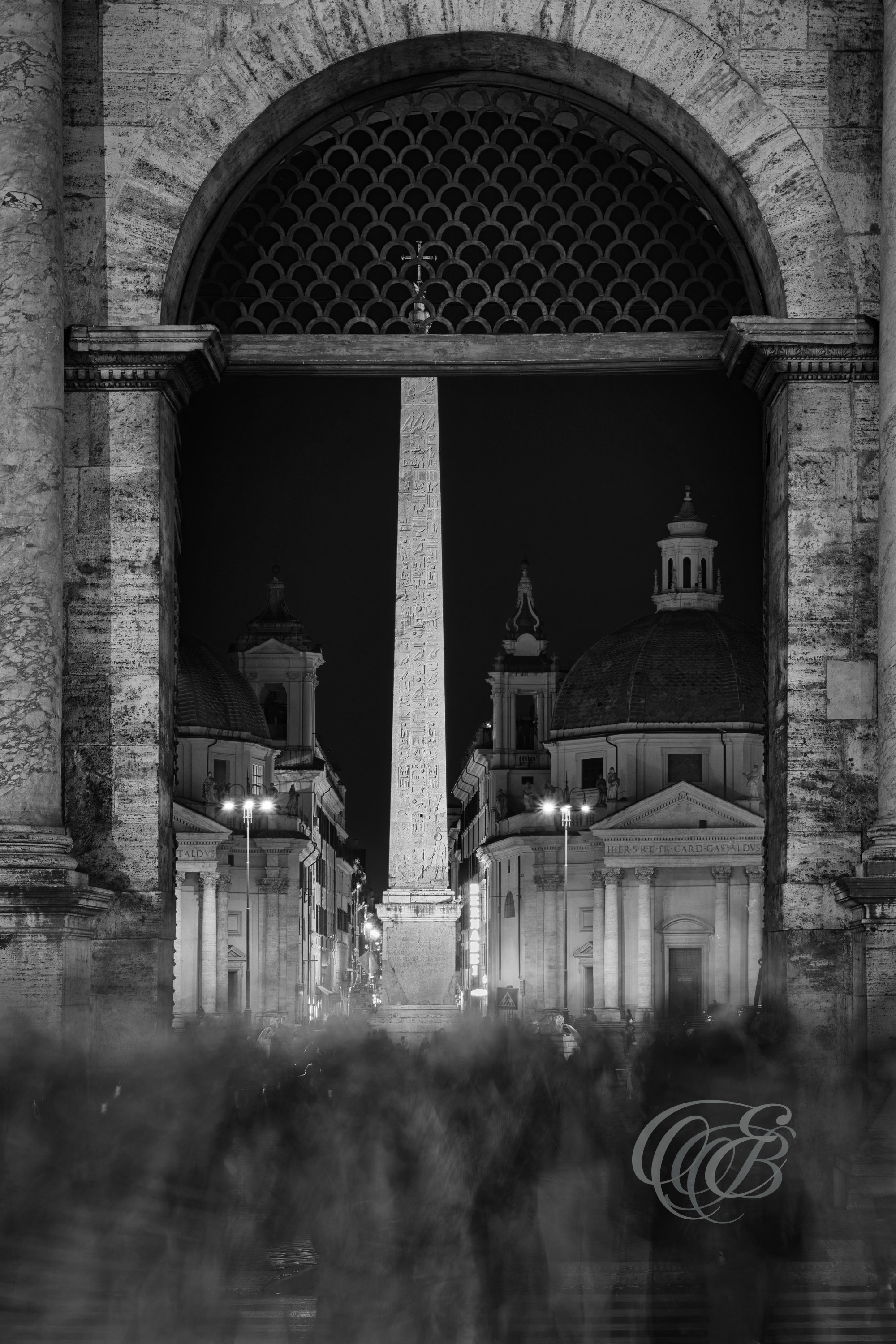 Rome Italy - Porta del Popolo - Eduardo Bartoli Fine Art Photography - Black and white fine art photograph of Porta del Popolo in Rome, Italy, with long exposure capturing blurred motion of people – photography by Eduardo Bartoli.