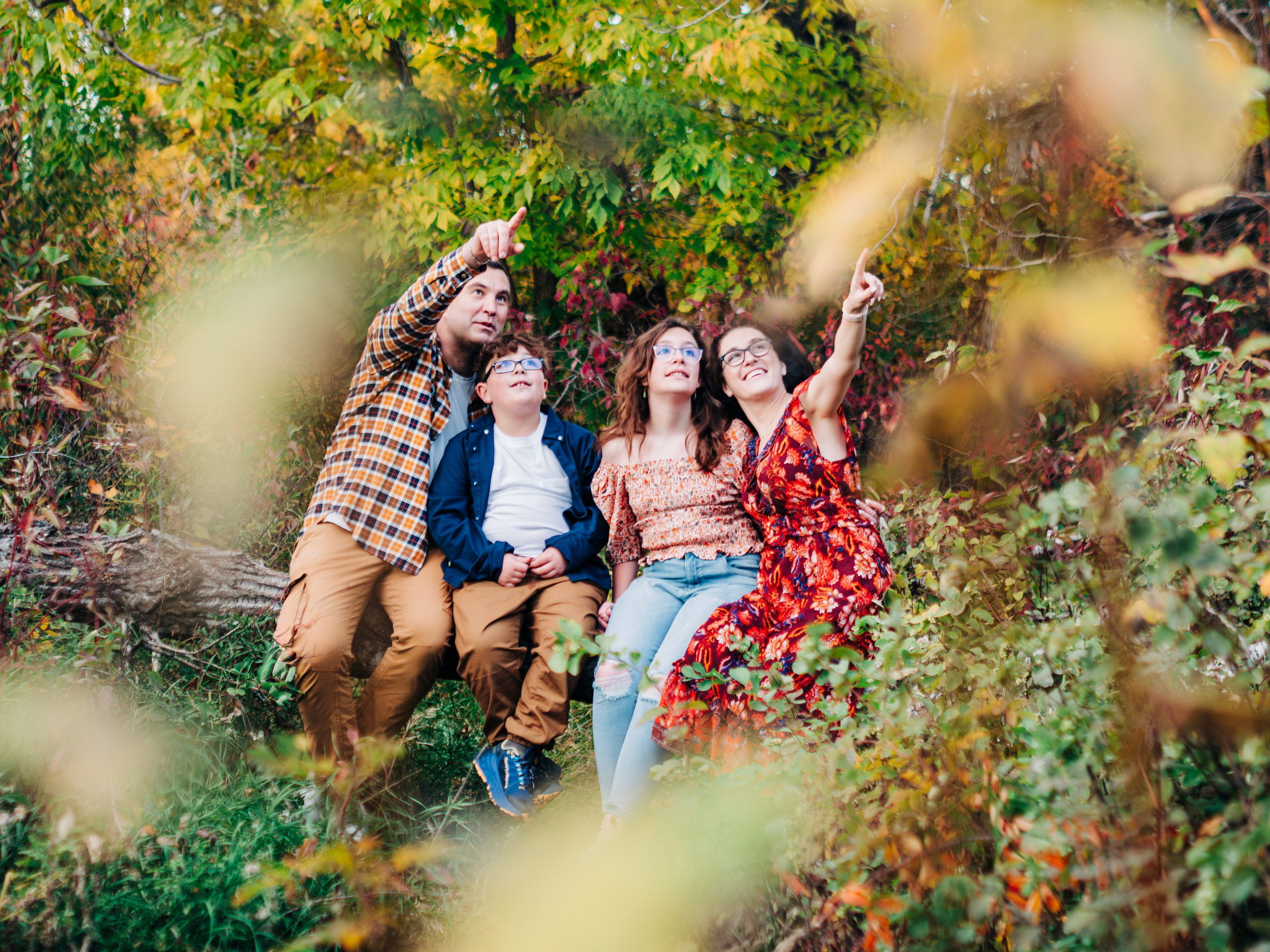 Creative family portrait photographer Dimitri Studio. Family sitting on a fallen log in a lush forest, pointing upwards, Spruce Grove. Visit dimitristudio.com