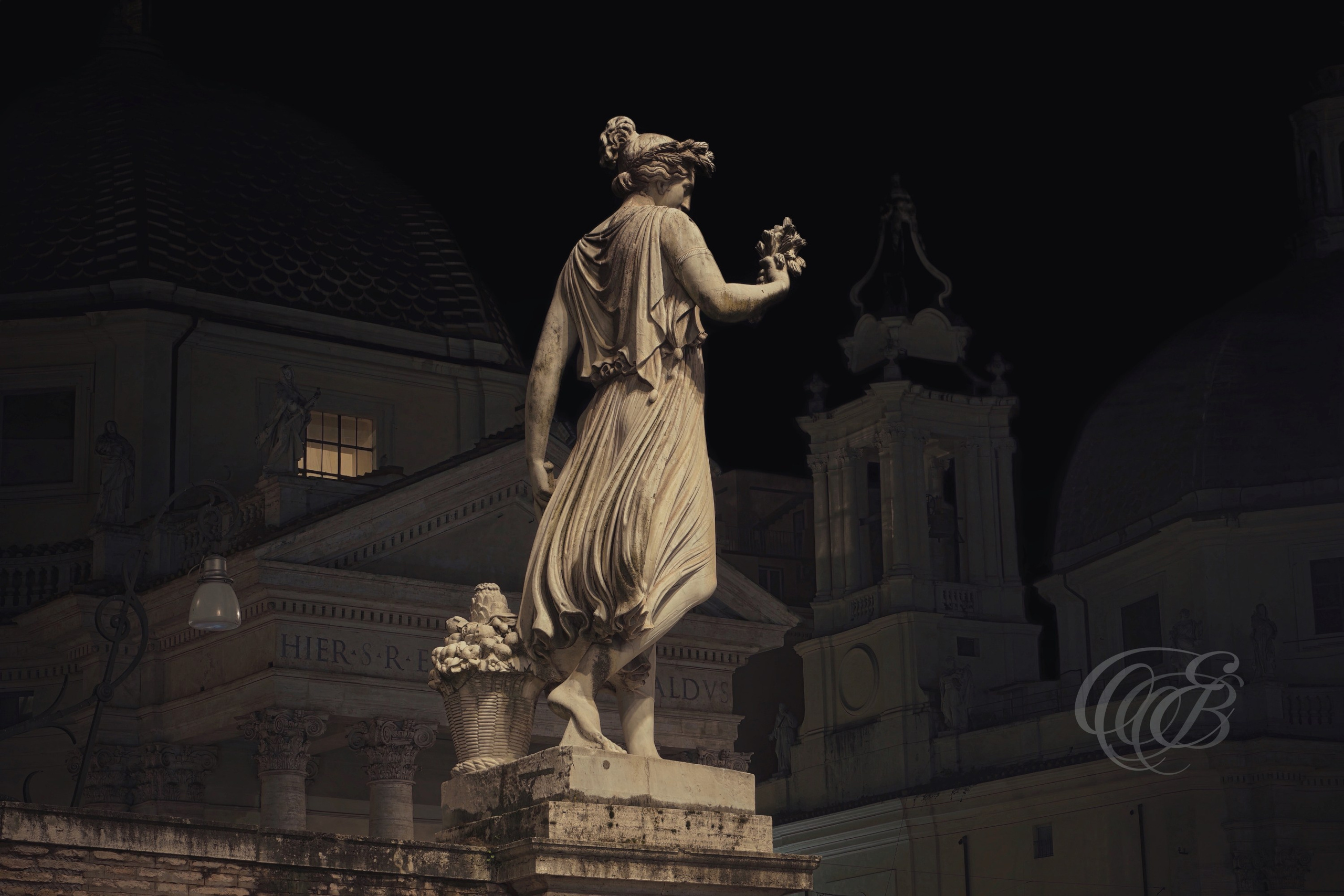 ITALY TRAVEL PHOTOGRAPHY – ITALY – ROME — Roma Flora Blossoms in Piazza del Popolo — Fountain sculpture of Flora, Roman goddess of flowers, located in Piazza del Popolo with surrounding historic architecture, Rome, Italy — Eduardo Bartoli Photography.