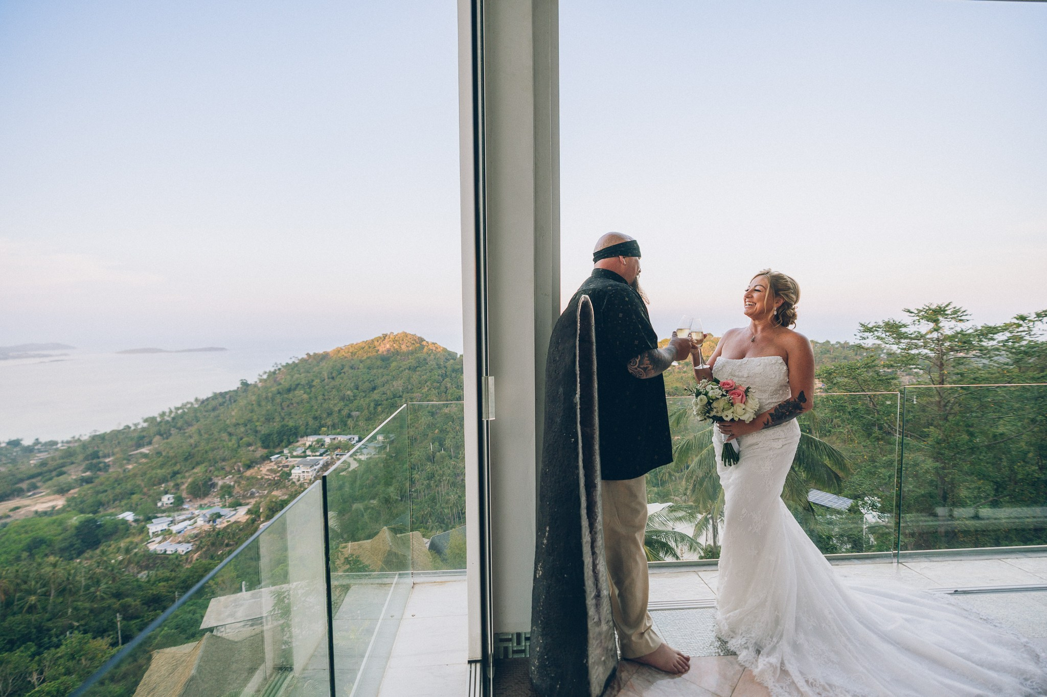 Elegant villa wedding ceremony overlooking the ocean in Koh Samui, Thailand