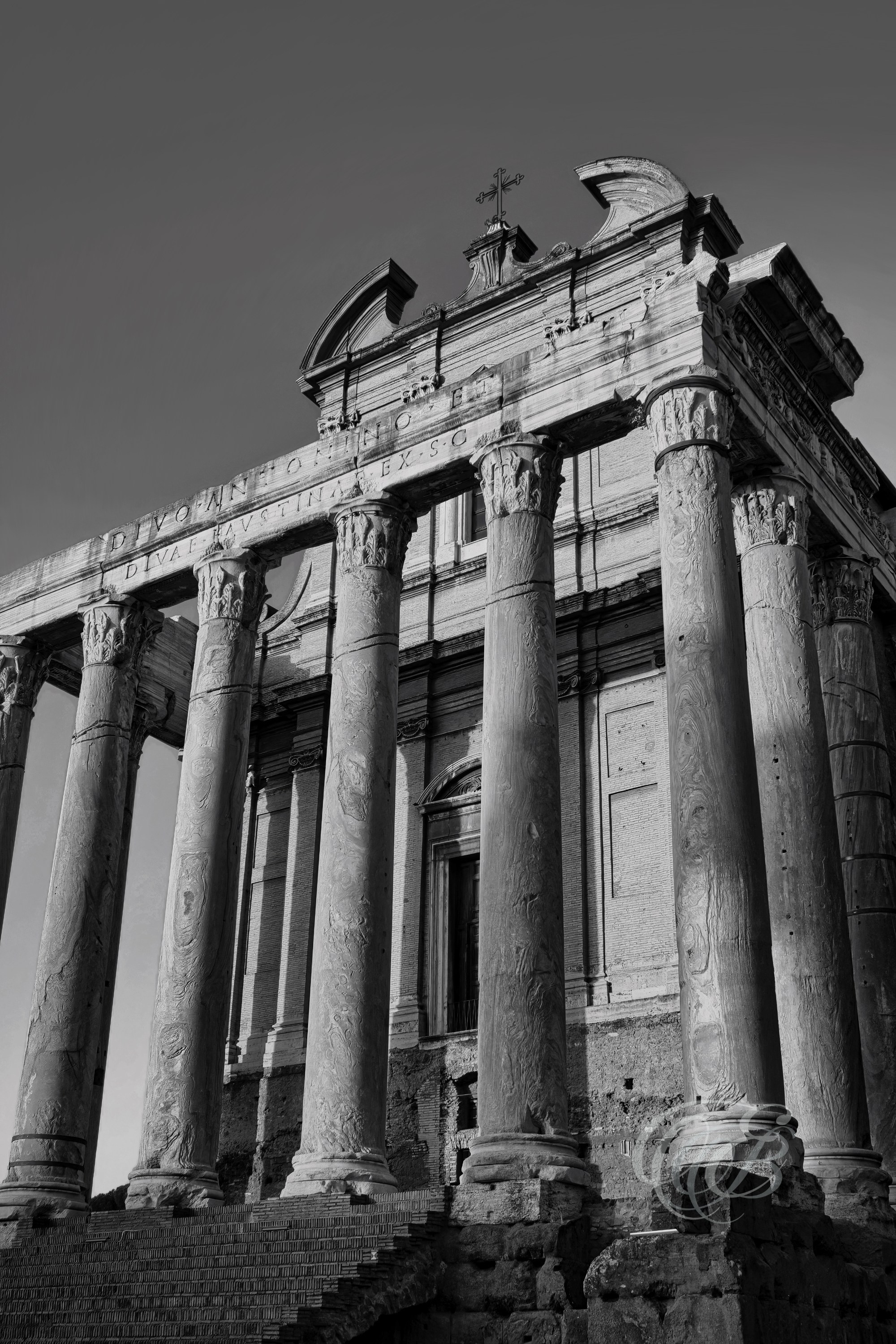 Rome Italy - The Temple of Antoninus and Faustina - Eduardo Bartoli Fine Art Photography - Black and white fine art photograph of the Temple of Antoninus and Faustina in Rome, Italy – photography by Eduardo Bartoli.