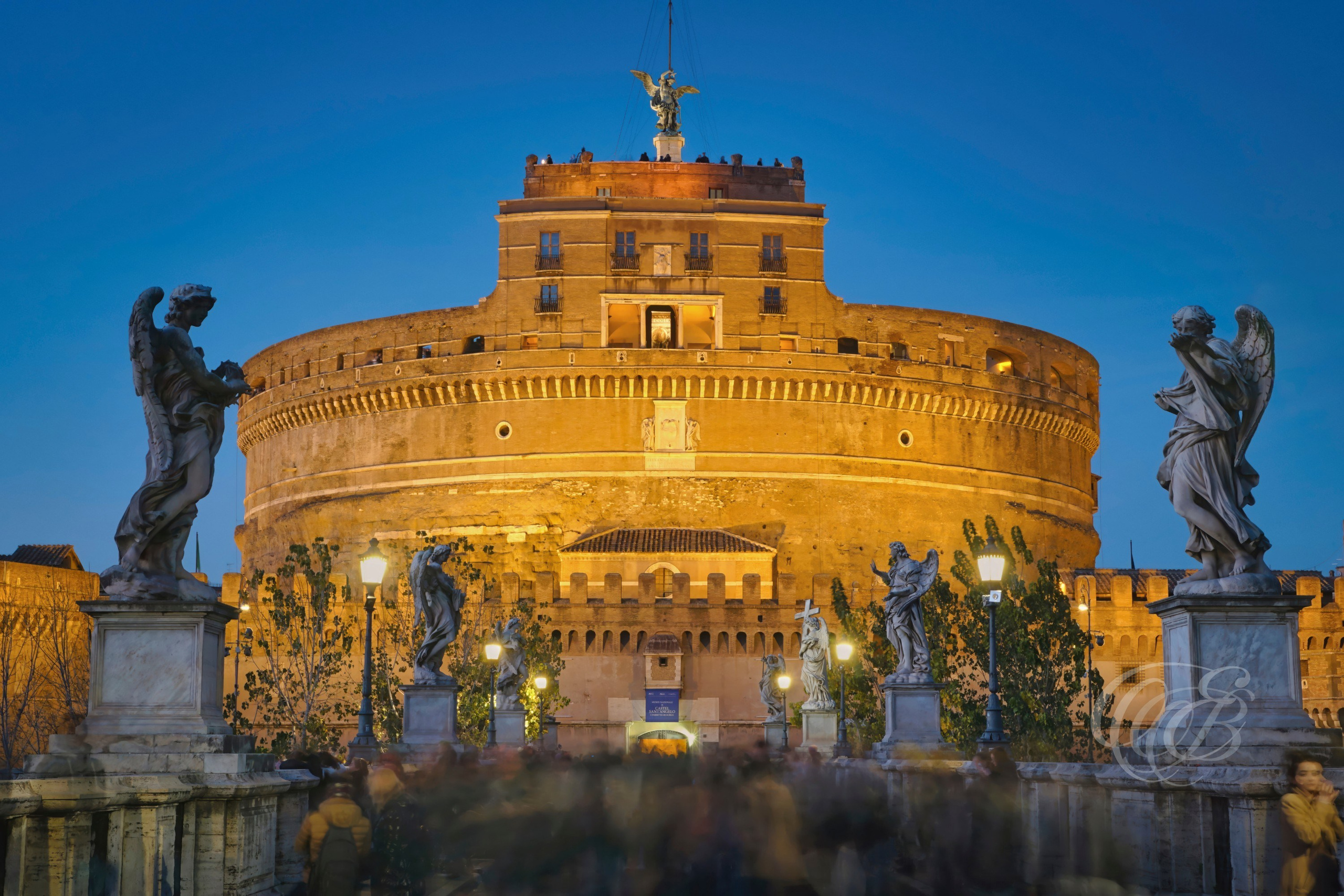 ITALY PHOTOGRAPHY — Castel Sant'Angelo from Ponte Sant'Angelo — View toward Castel Sant'Angelo from the historic Ponte Sant'Angelo across the Tiber River, Rome, Italy — Eduardo Bartoli Photography.