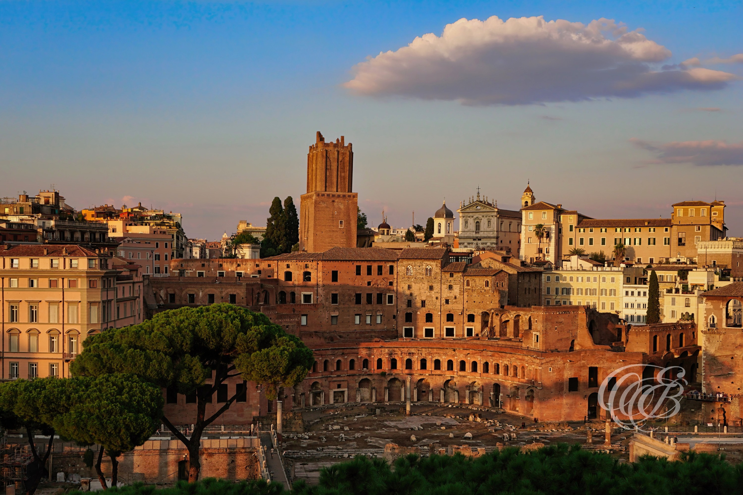 ITALY TRAVEL PHOTOGRAPHY – ITALY – ROME — Trajan’s Market & The Tower of Milizie at Sunset — Ancient Roman market complex from the 2nd century AD beside the medieval Torre delle Milizie, illuminated by sunset light in central Rome, Italy — Eduardo Bartoli Photography.