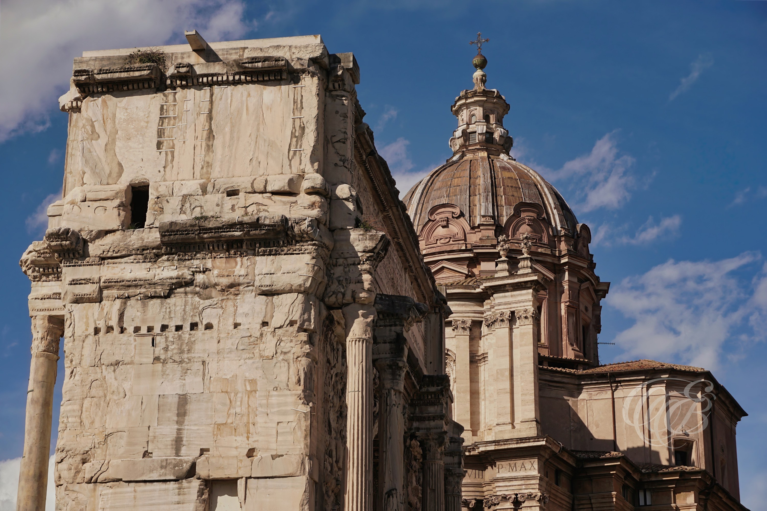 ITALY PHOTOGRAPHY — Arch of Septimius Severus and the Church of Santi Luca e Martina — The Arch of Septimius Severus and the Church of Santi Luca e Martina, where the monuments of Imperial Rome and Baroque architecture stand side by side in the Roman Forum, Rome, Italy — Eduardo Bartoli Photography.