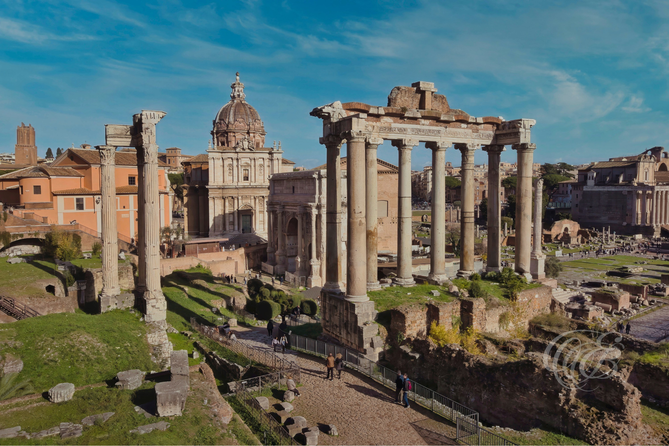 ITALY TRAVEL PHOTOGRAPHY – ITALY – ROME — Roman Forum at Sunset — Ancient ruins of the Roman Forum with historic temples, columns, and archaeological remains illuminated by evening light, Rome, Italy — Eduardo Bartoli Photography.