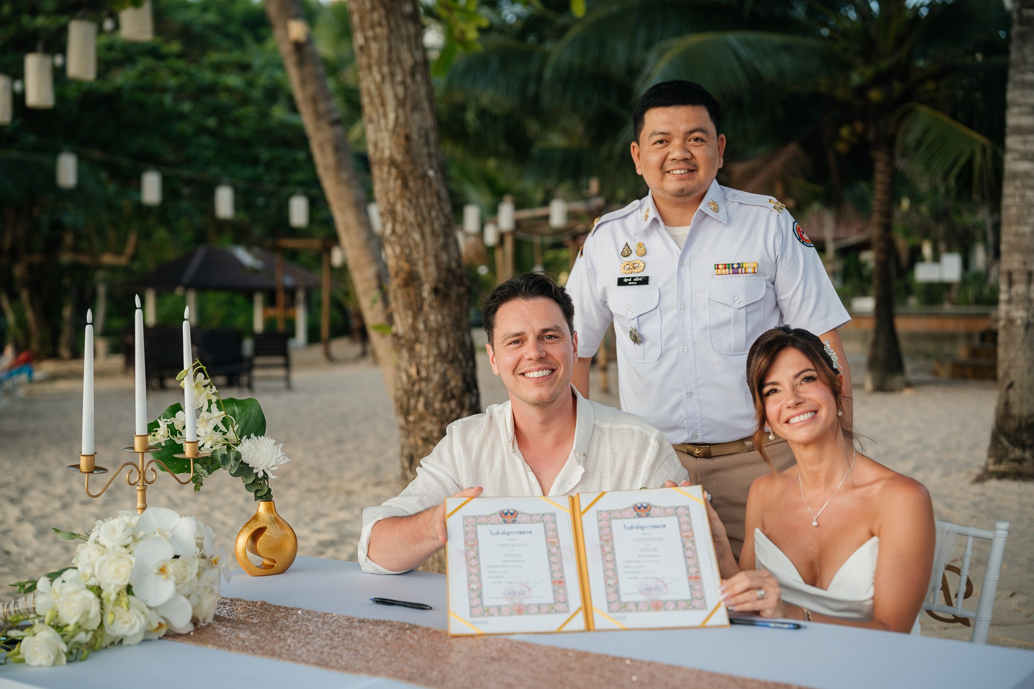 Romantic just for 2 beach wedding in Koh Samui, Thailand, featuring an intimate elopement ceremony with tropical ocean views and floral decor.