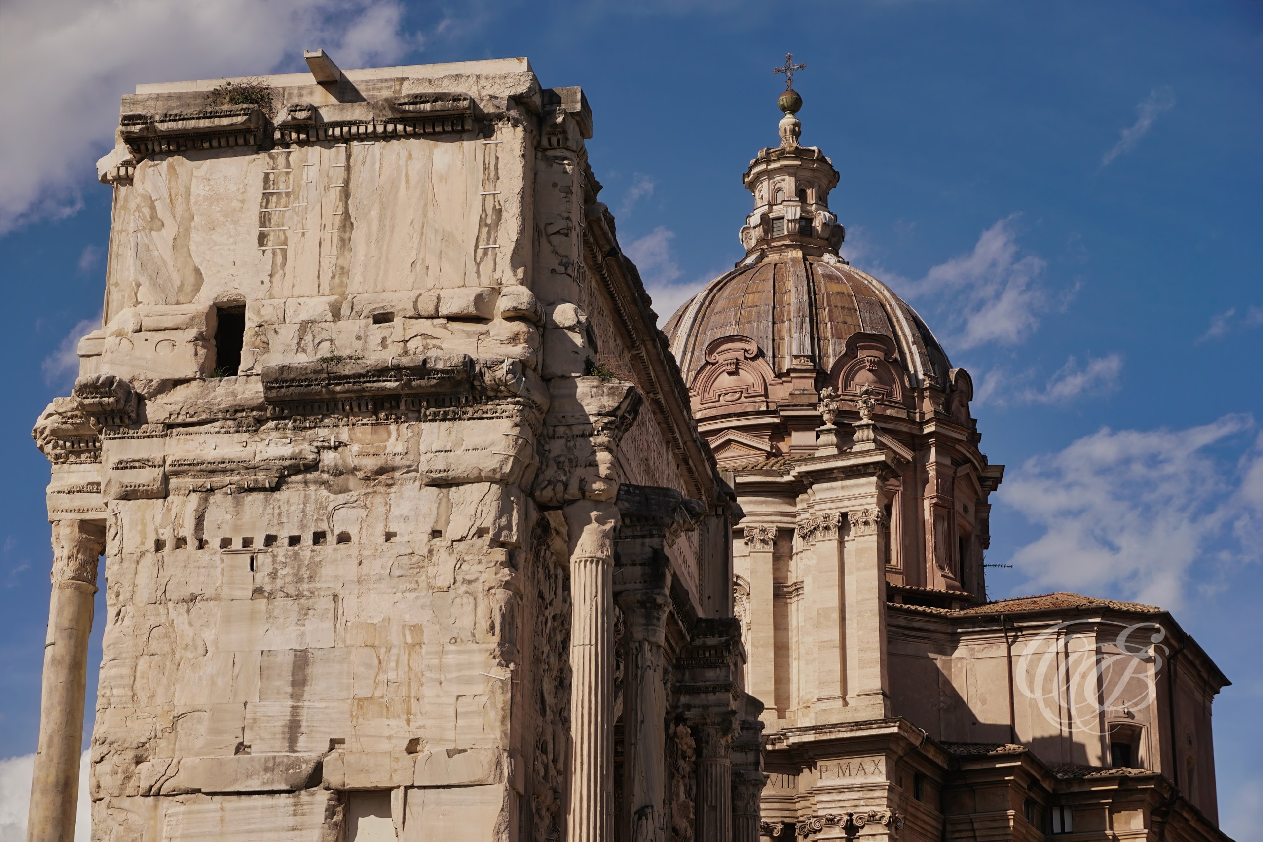 ITALY TRAVEL PHOTOGRAPHY – ITALY – ROME — Septimius Severus Arch & St. Luca and Martina Church on a Sunny Day — Ancient Roman triumphal arch from 203 AD beside Baroque church in the Roman Forum area, Rome, Italy — Eduardo Bartoli Photography.